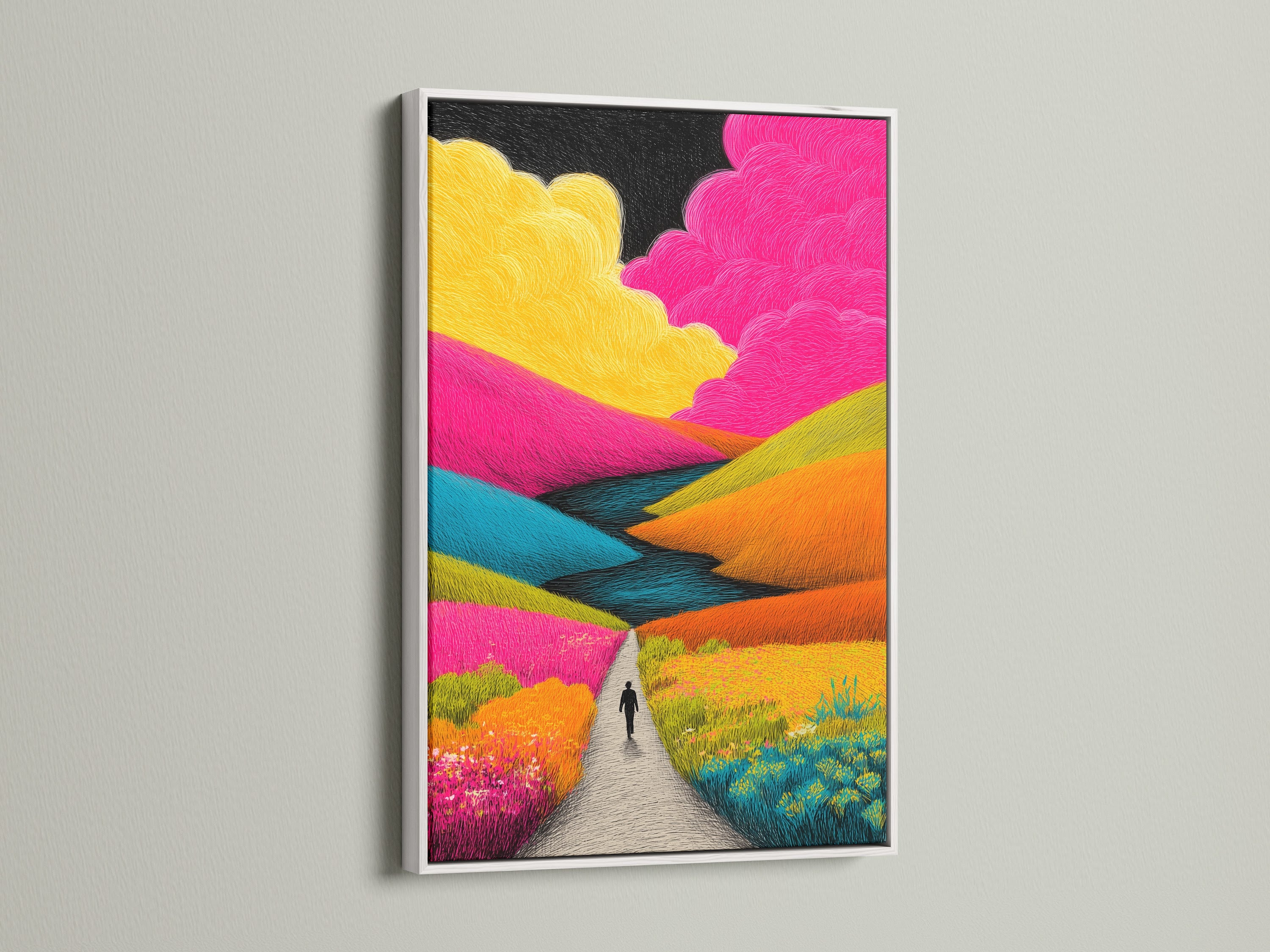 This artwork is displayed in a white frame. The white frame complements the colorful art. It is displayed on a wall in a home. A white frame adds a clean contemporary look. It highlights colorful artwork.