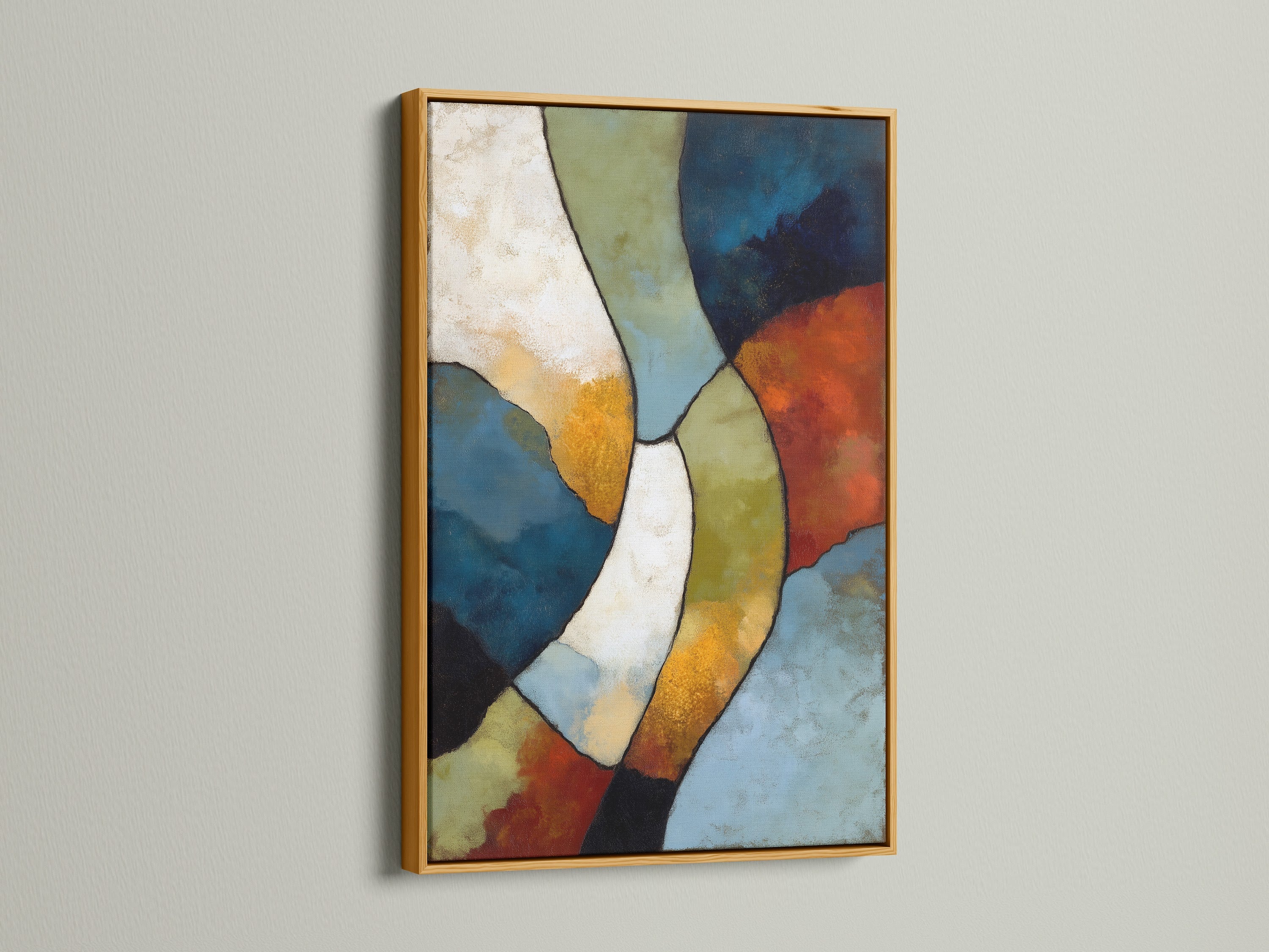 A luxurious gold framed abstract geometric artwork is presented. This colorful artwork adds a touch of sophistication to any space. The contemporary print complements eclectic styles. This is ideal for those seeking modern canvas art.