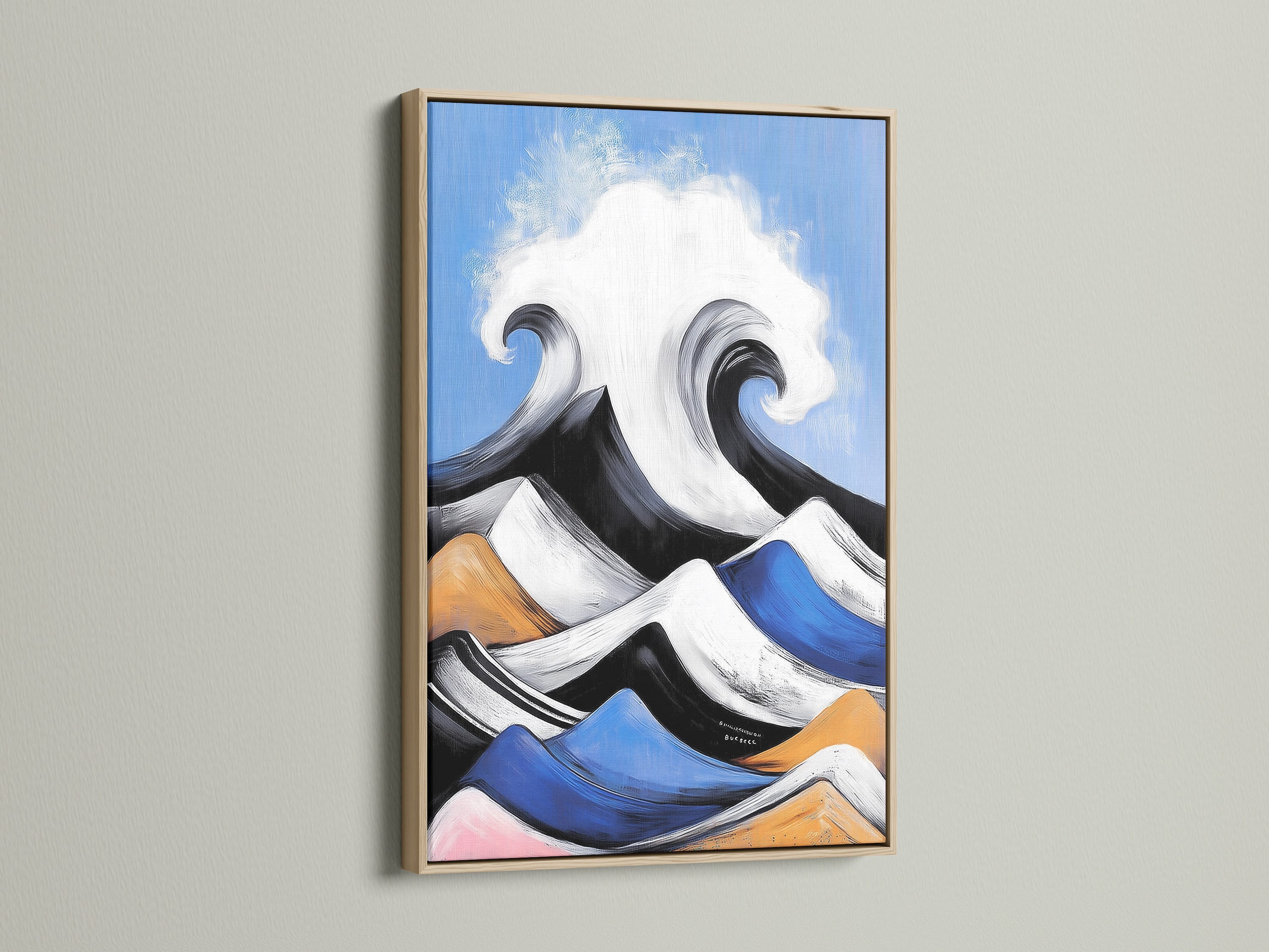 The ocean wave art is showcased in an oak frame. This abstract seascape brings coastal charm. The artwork combines blue and orange colors. It's ideal for beach house decor and modern interiors.