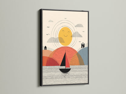 Modern Sailboat Artwork with Black Frame. The black frame adds contrast to the coastal canvas. This sailboat art enhances office wall decor. It is a striking piece for contemporary interiors. This is a boat print.
