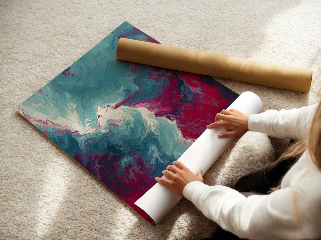 A woman is carefully rolling a fine art poster paper. The paper is high-quality ideal for printing detailed artwork and photographs. This highlights the care and precision involved in creating stunning art prints. Perfect for contemporary wall decor.