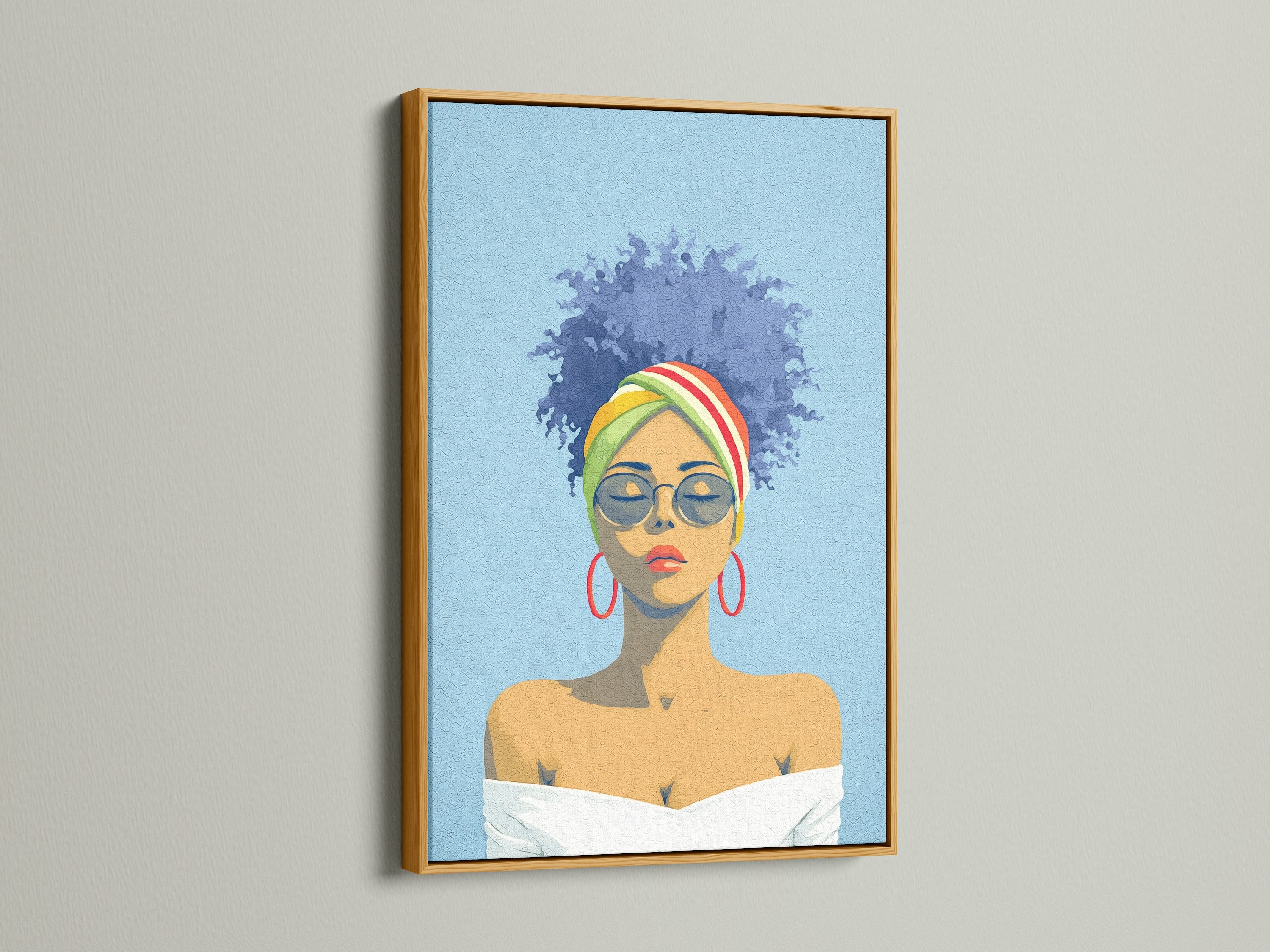 Stunning Afro Woman Portrait with a gold frame. The artwork features a woman with a headwrap and sunglasses. This colorful wall art adds a touch of elegance to modern spaces. It's perfect for home or office decor.