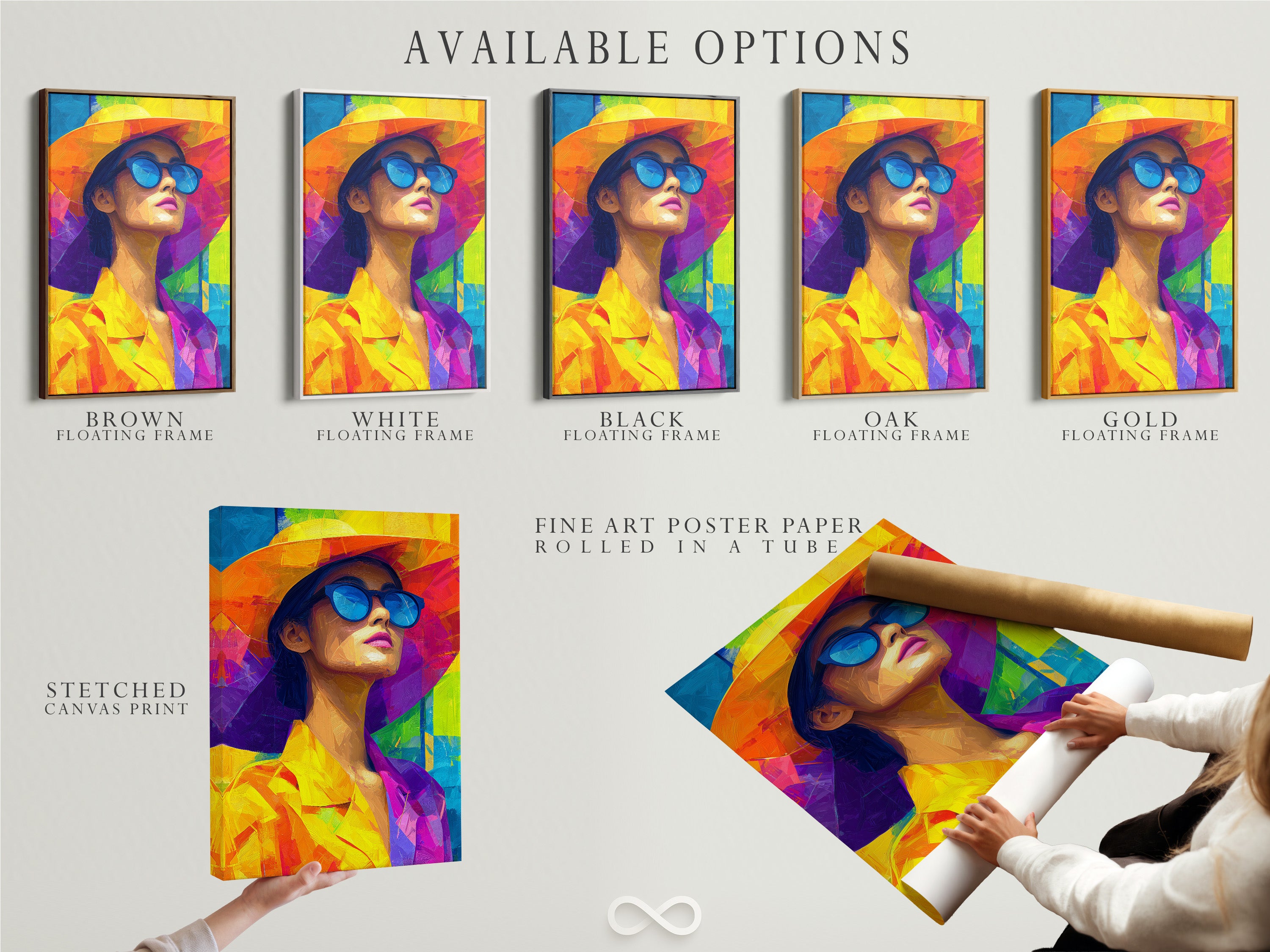 Available art options are showcased. These include a stretched canvas print. Also available is fine art poster paper. The image also shows a floating frame. Each option offers a unique look. It allows you to customize your art display. Choose your preference.