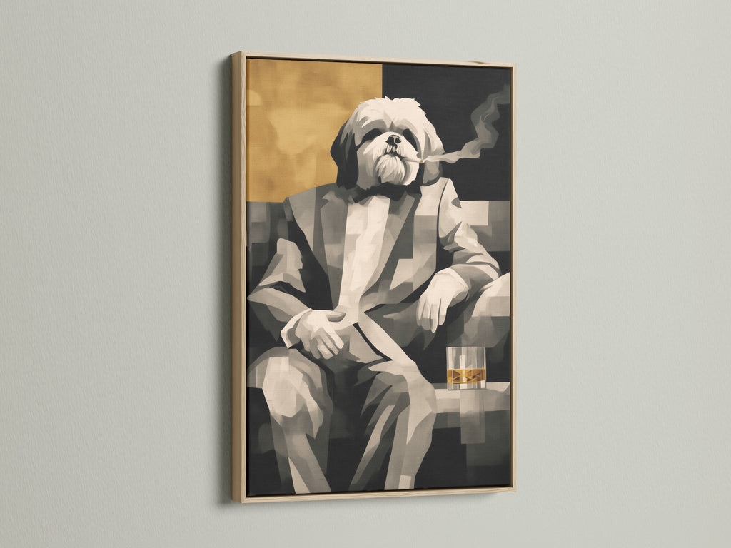 Dog Smoking Art Print in an Oak Frame. This Shih Tzu Canvas Art is a unique pet portrait. The gentleman dog artwork is a conversation starter. Ideal for adding a humorous touch to your office wall art. A great whiskey art piece.