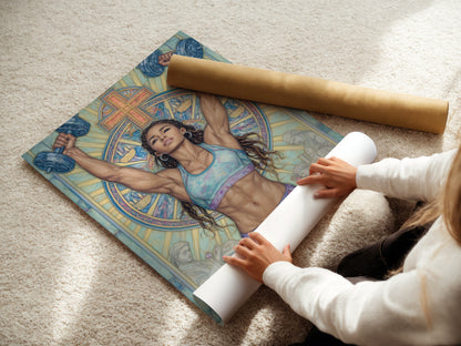 A woman is rolling a fine art poster paper. This faith fitness print is perfect for a home gym. The inspirational artwork shows a cross design. This spiritual workout canvas adds motivation. Great as fitness wall decor.