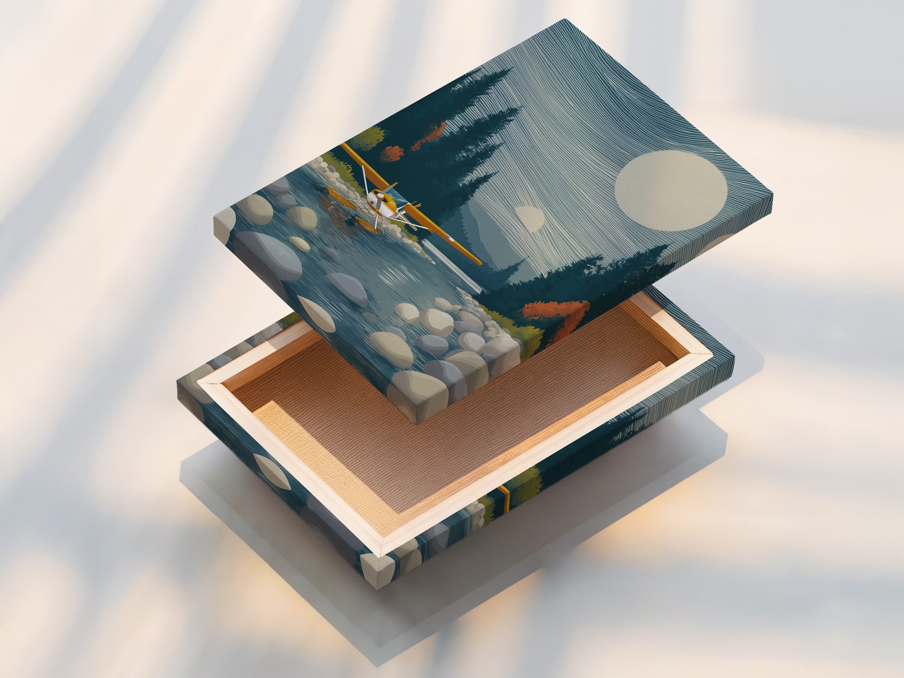 Stretched canvas print of seaplane artwork. Aviation wall artwork for cabin decor. This lake landscape artwork brings nature indoors. Ideal for creating a rustic and modern atmosphere. A perfect addition to any living room cabin or office space.