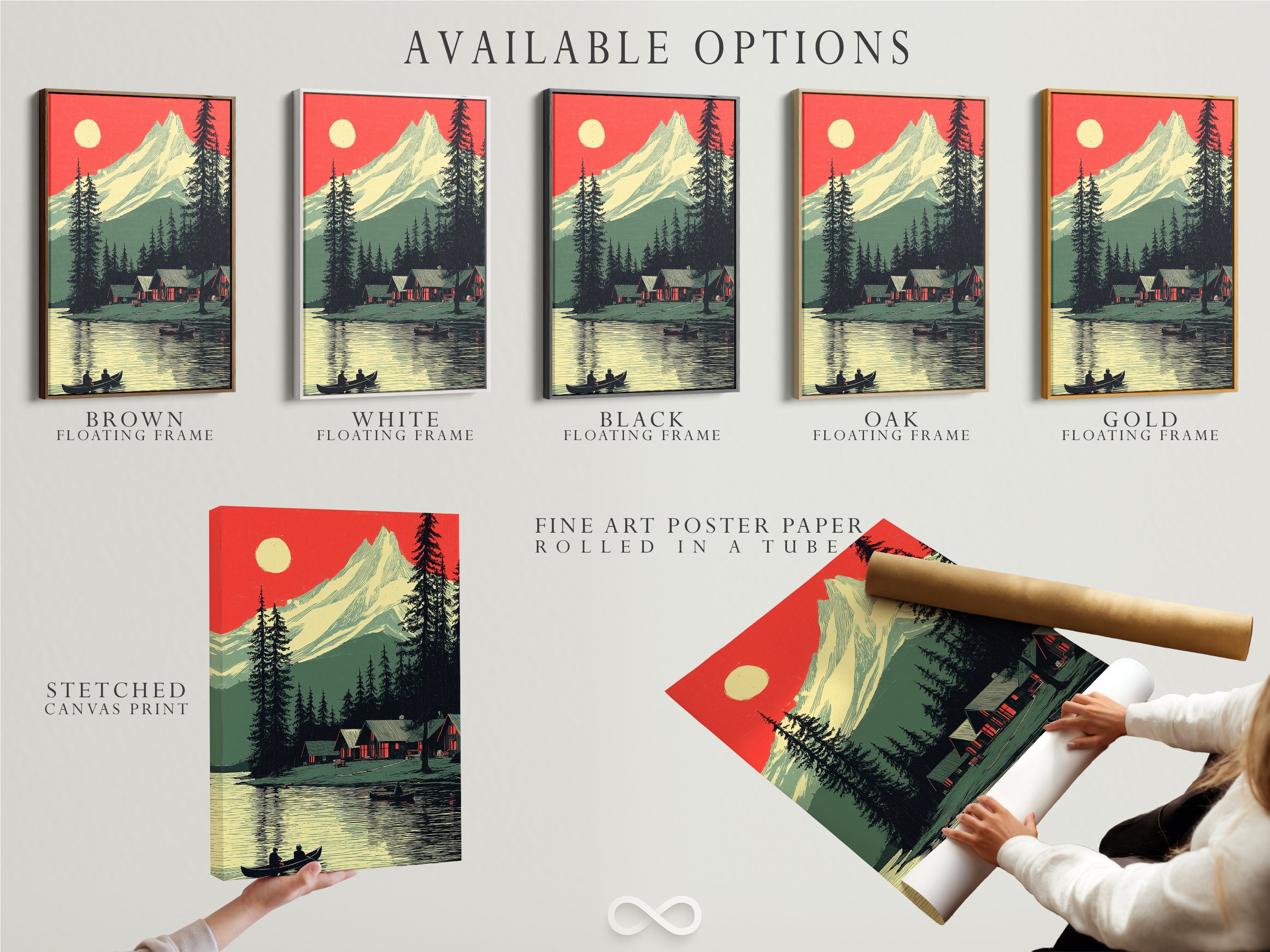 Explore available options for the mountain lake artwork. Choose from a stretched canvas print fine art poster paper or floating frame. The rustic nature artwork offers versatility in presentation. Customize your cabin wall art. Find the perfect option to suit your style and space.