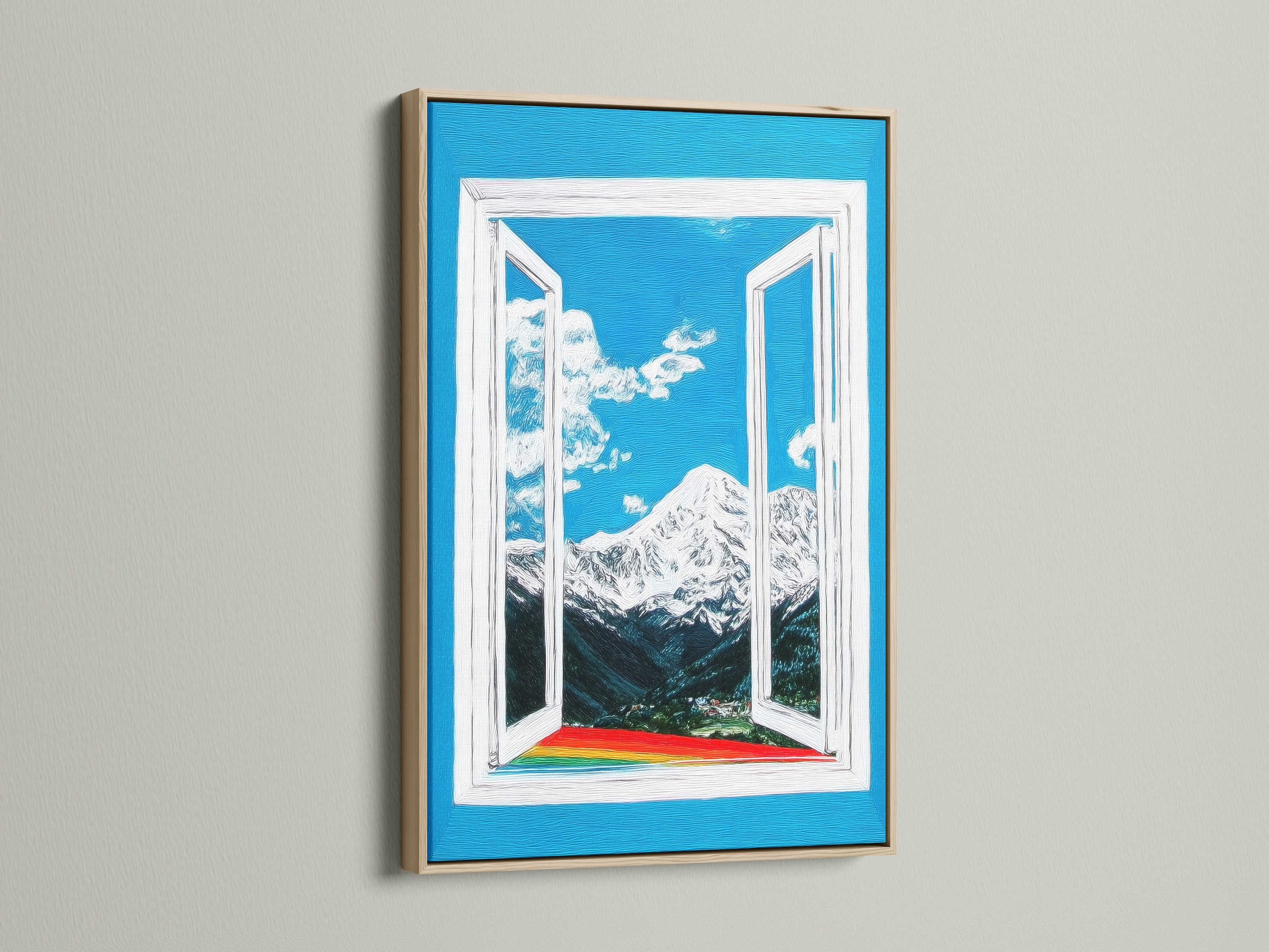 A stunning mountain view artwork is displayed in an oak frame. The bright blue sky artwork captures a scenic landscape. The open window print adds a touch of nature to your home decor. This piece is ideal for living rooms and bedrooms. A rainbow adds a pop of color.