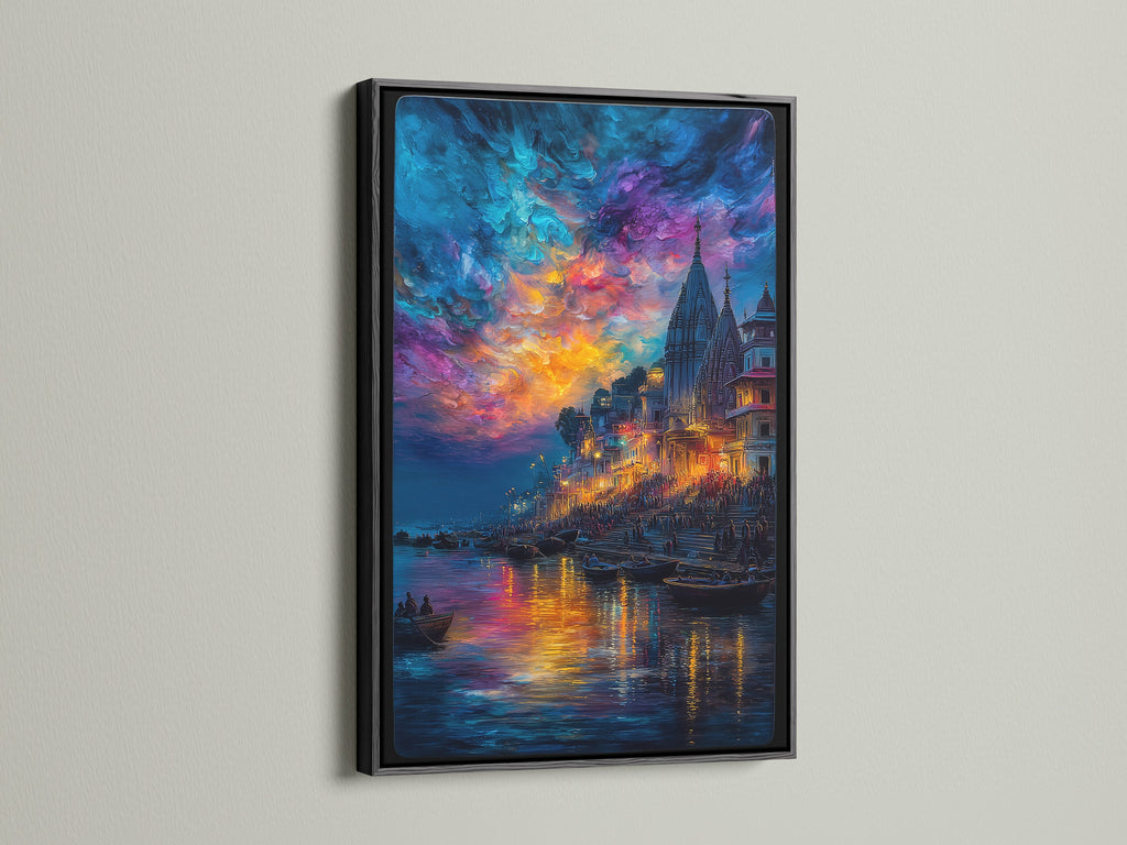 Varanasi River Ghats spiritual artwork in a black frame. This Ganges River print captures the beauty of India. Ideal for meditation room decor or as a statement piece in your living room. The temple wall art adds a touch of sacred art.