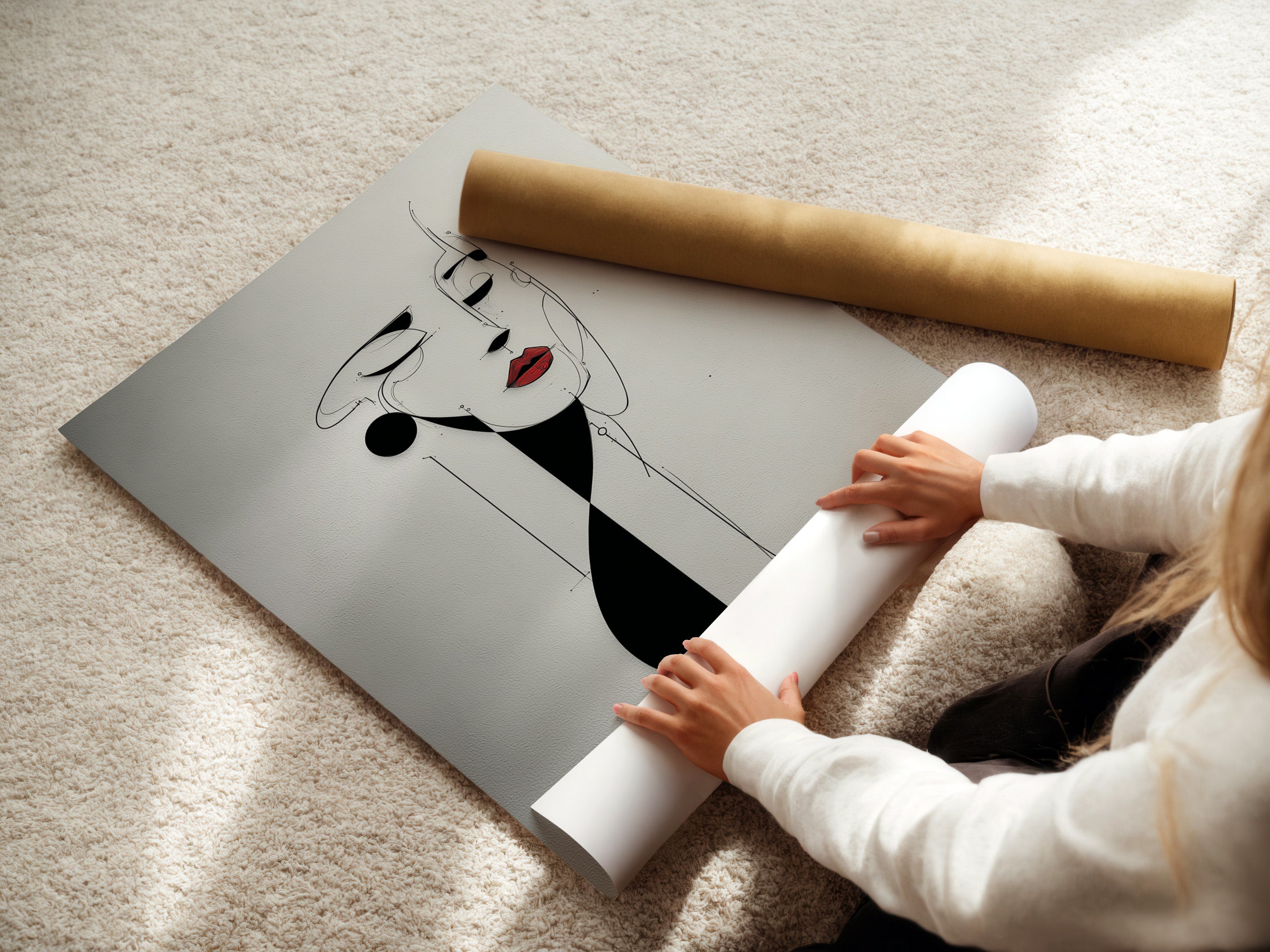 Watch a woman carefully rolling fine art poster paper. The image showcases the care taken in handling fine art prints. This paper is designed for high-quality reproductions. Preserve your art with our premium materials. We ensure your prints arrive in perfect condition.
