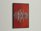 A black frame features an eye-catching city skyline artwork. The red abstract urban art creates a bold statement. This cityscape wall art is perfect for modern interiors. Its architectural artwork that stands out.
