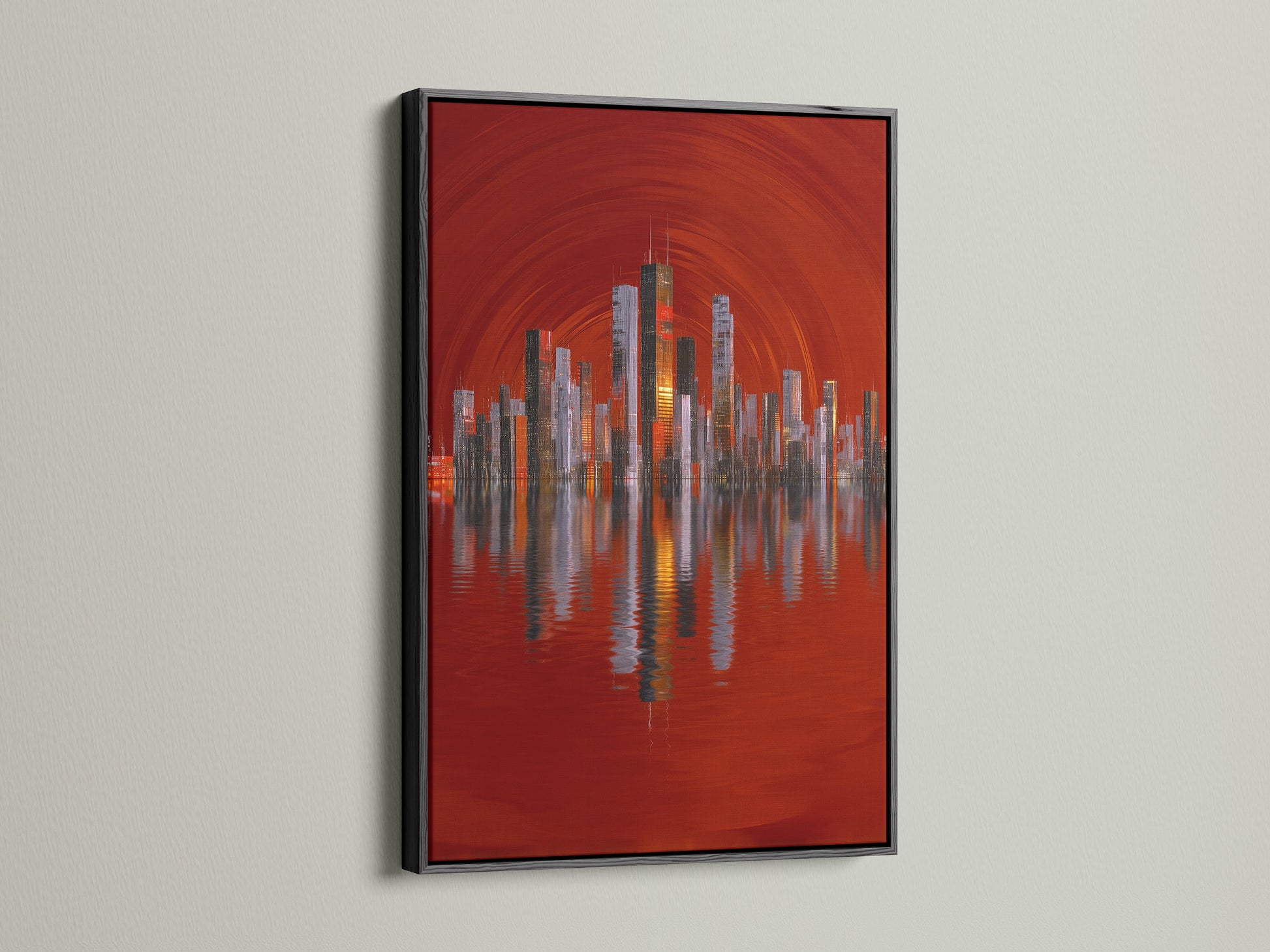 A black frame features an eye-catching city skyline artwork. The red abstract urban art creates a bold statement. This cityscape wall art is perfect for modern interiors. Its architectural artwork that stands out.