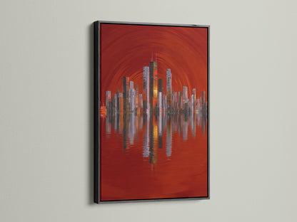A black frame features an eye-catching city skyline artwork. The red abstract urban art creates a bold statement. This cityscape wall art is perfect for modern interiors. Its architectural artwork that stands out.
