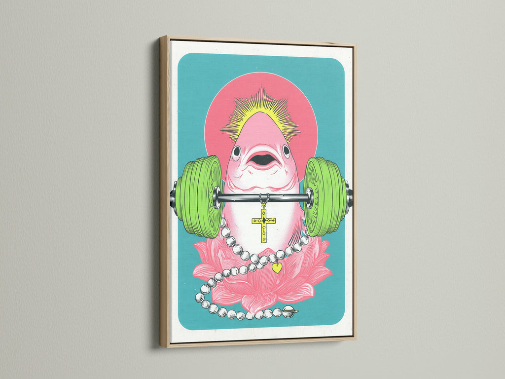 Surreal flamingo artwork print in an oak frame. This fitness animal canvas print is ideal for home gym decor. Great for fitness enthusiasts and those who love quirky animal art. The contemporary style pops.