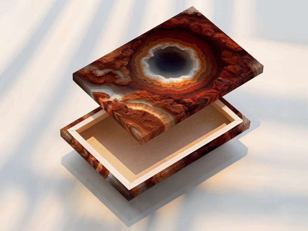 This is a stretched canvas print of geode art. This rust orange agate wall art offers a modern crystal canvas print. It's perfect for office decor. This abstract mineral artwork will enhance your space.