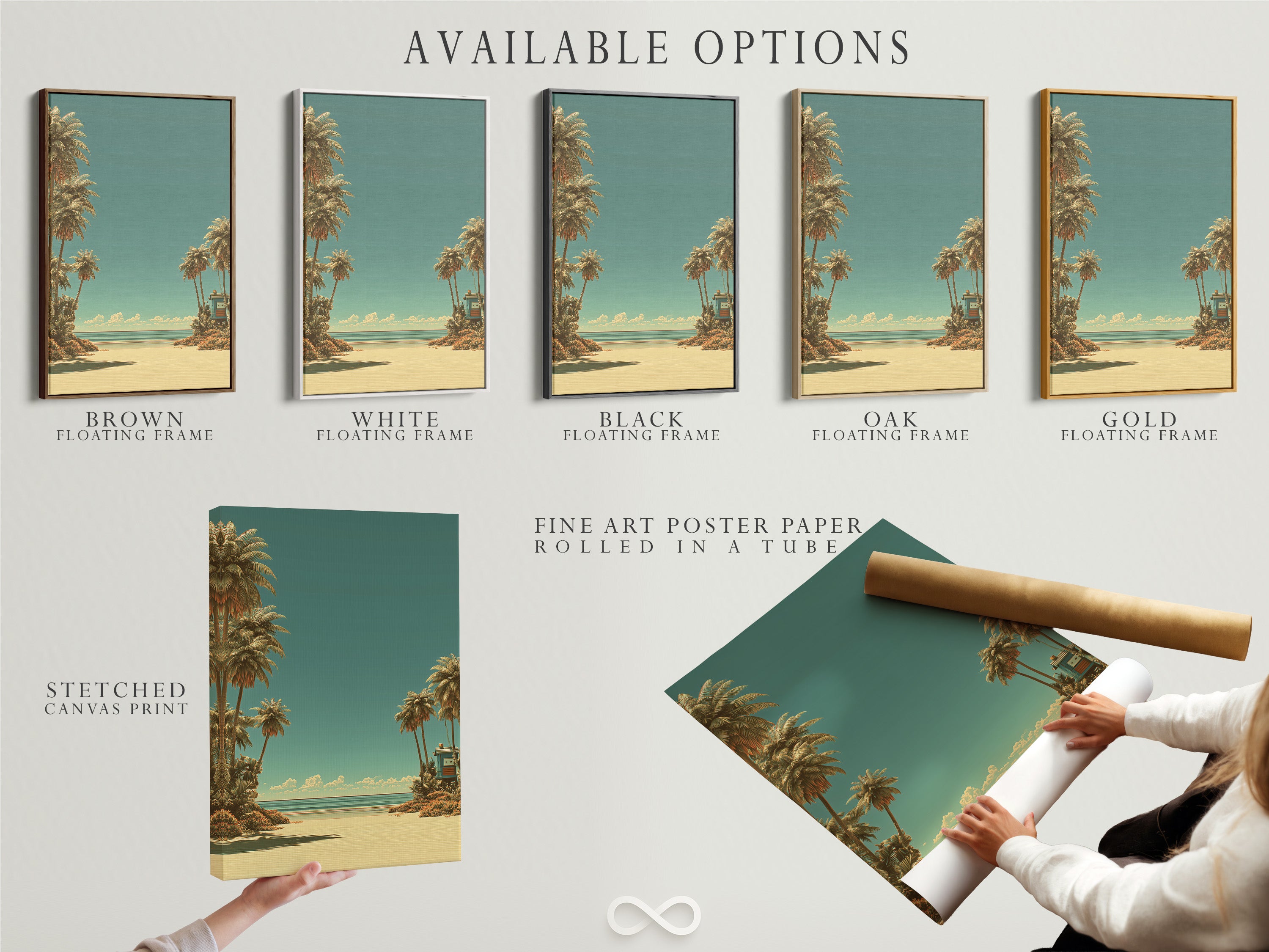 Available options for art prints are displayed. Choose between stretched canvas print or fine art poster paper. Consider a floating frame for a unique look. Customize your art to fit your style and space.