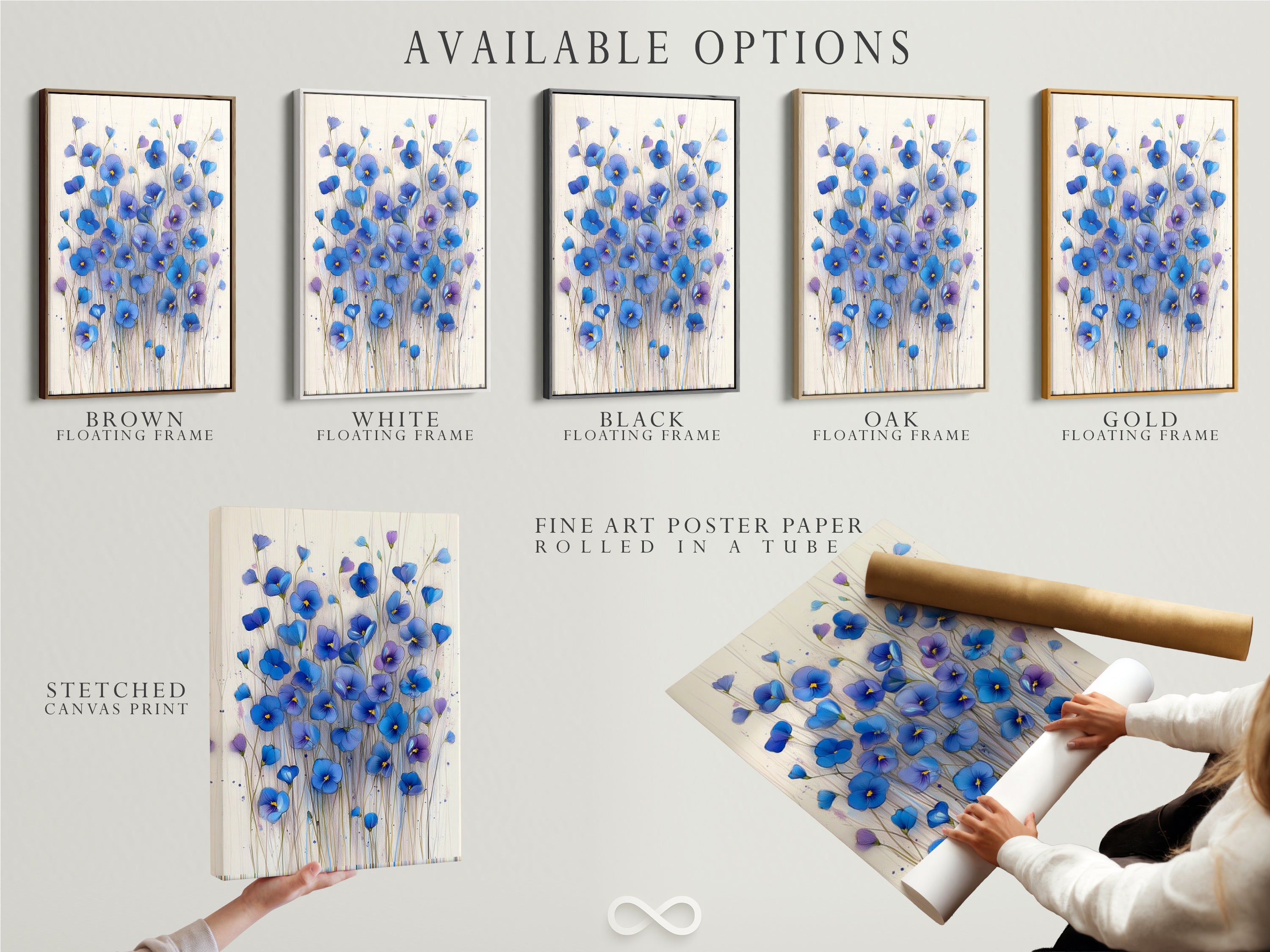 Explore available options for this blue floral canvas. Choose between a stretched canvas print fine art poster paper or a floating frame. Find the perfect botanical wall art to complement your modern decor. Shop now.