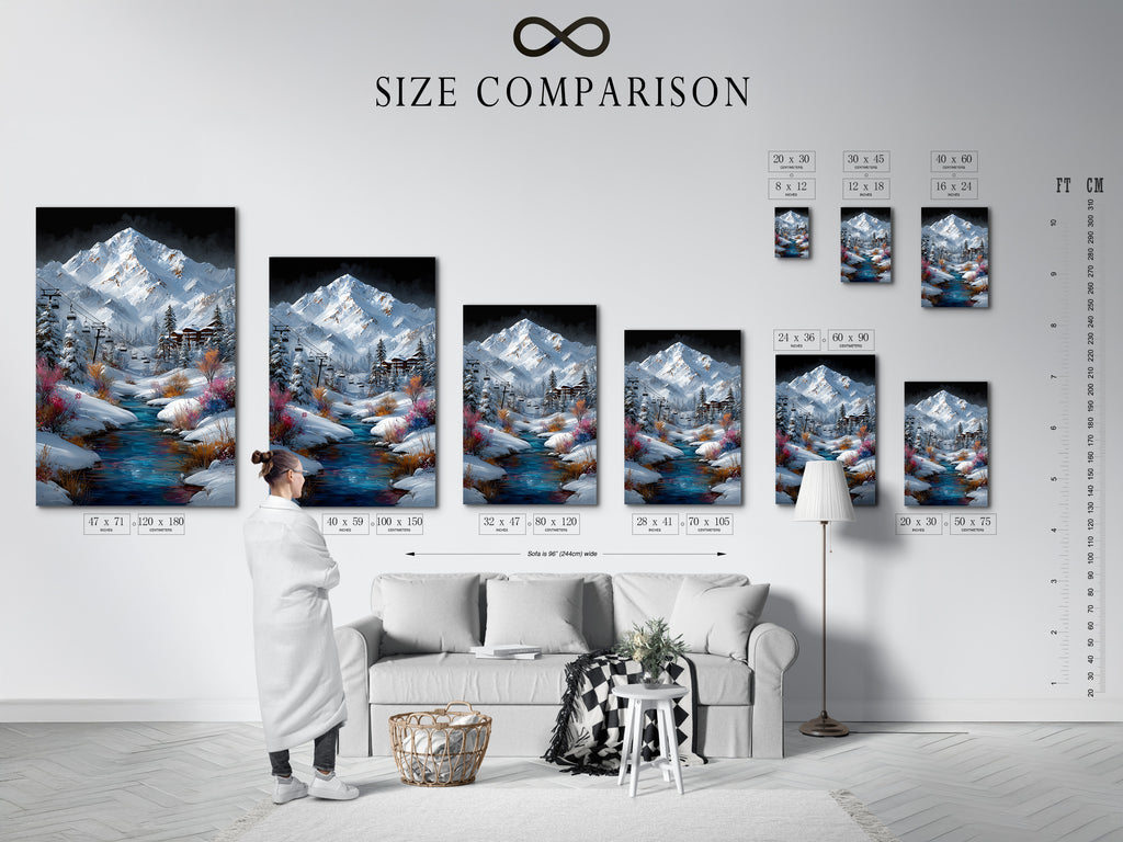 Size comparison chart in an interior setting. See how this mountain village art print looks in different sizes. Visualize the perfect fit for your living room or cabin wall. Choose the ideal size to enhance your ski lodge decor or winter-themed space.