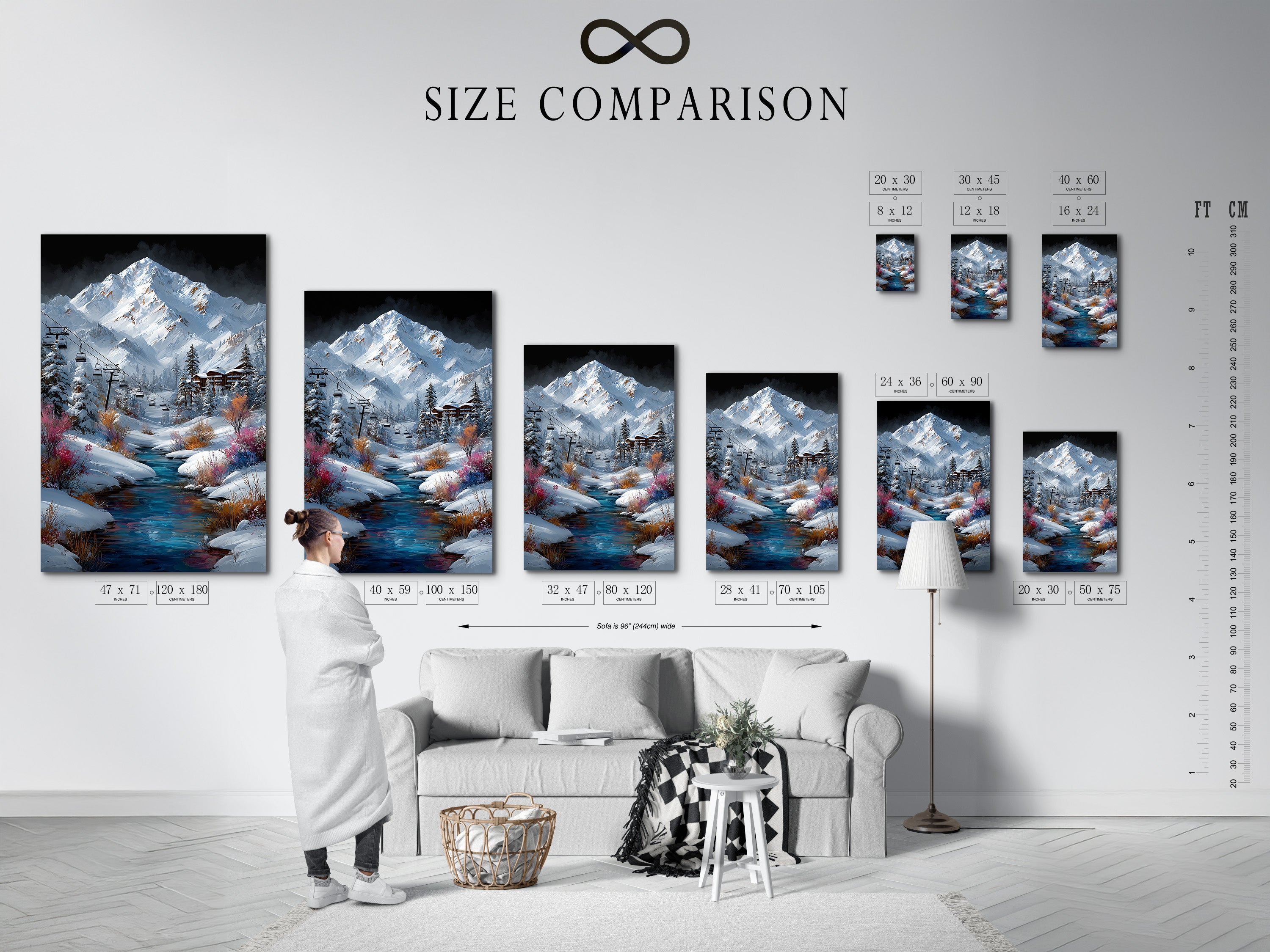 Size comparison chart in an interior setting. See how this mountain village art print looks in different sizes. Visualize the perfect fit for your living room or cabin wall. Choose the ideal size to enhance your ski lodge decor or winter-themed space.
