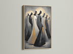 Abstract Hooded Figures canvas print in an oak frame. This artwork is perfect for minimalist Scandinavian and modern styles. It is a neutral contemporary wall decor. Ideal for living rooms and bedrooms.