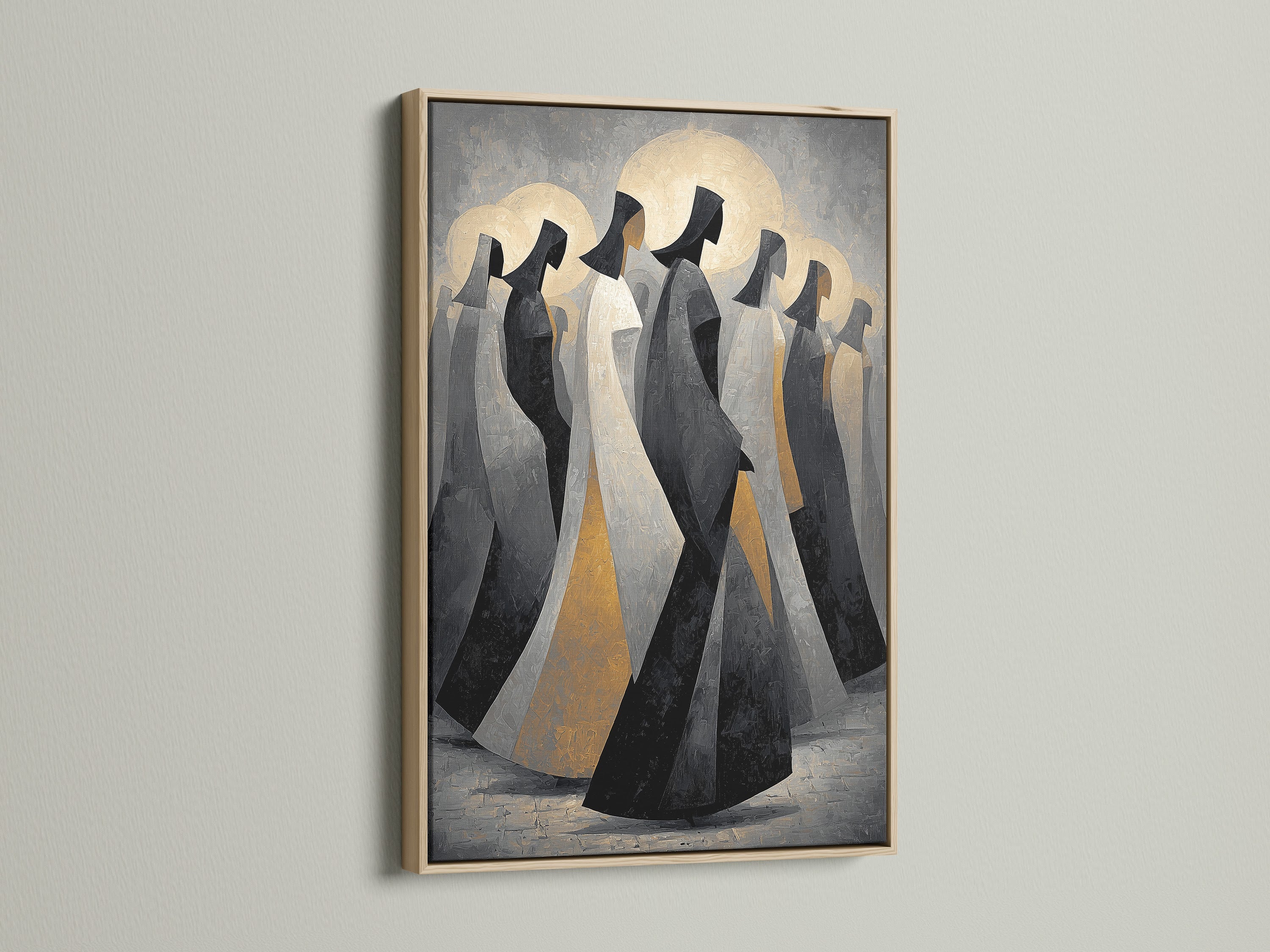Abstract Hooded Figures canvas print in an oak frame. This artwork is perfect for minimalist Scandinavian and modern styles. It is a neutral contemporary wall decor. Ideal for living rooms and bedrooms.