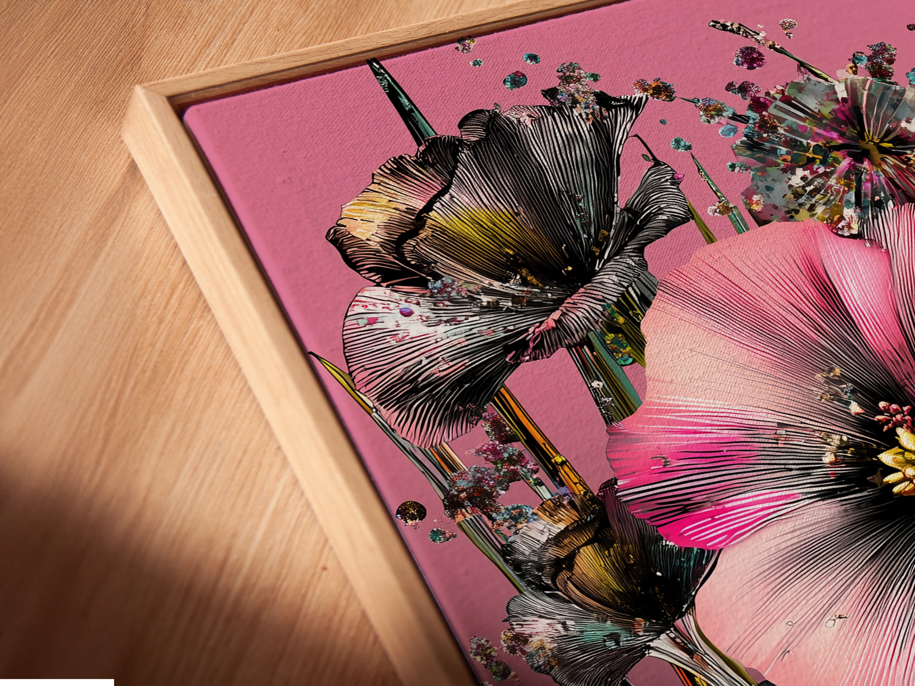 Angled close up of a canvas print in a floating frame. The tropical floral artwork features pink hibiscus flowers. Ideal for adding a vibrant touch to bedroom decor. Perfect for those seeking elevated modern wall art.