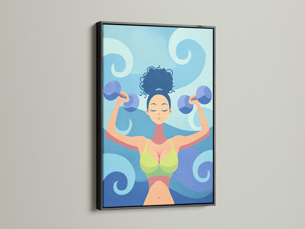 Black frame presents fitness woman artwork. This gym wall decor includes a workout illustration. It's suitable for home gym decor. The motivational art embodies strength training. It enhances fitness motivation.