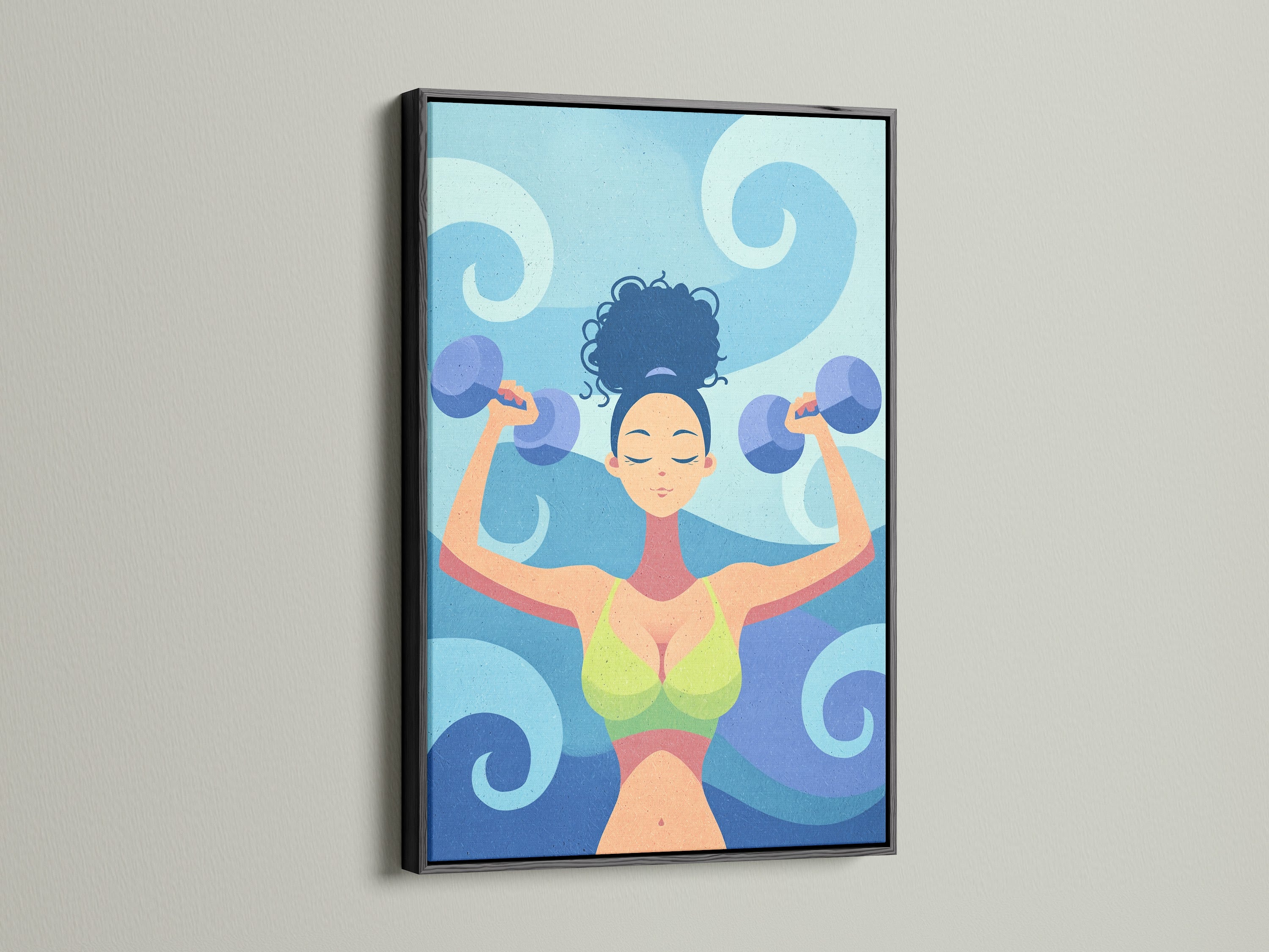 Black frame presents fitness woman artwork. This gym wall decor includes a workout illustration. It's suitable for home gym decor. The motivational art embodies strength training. It enhances fitness motivation.