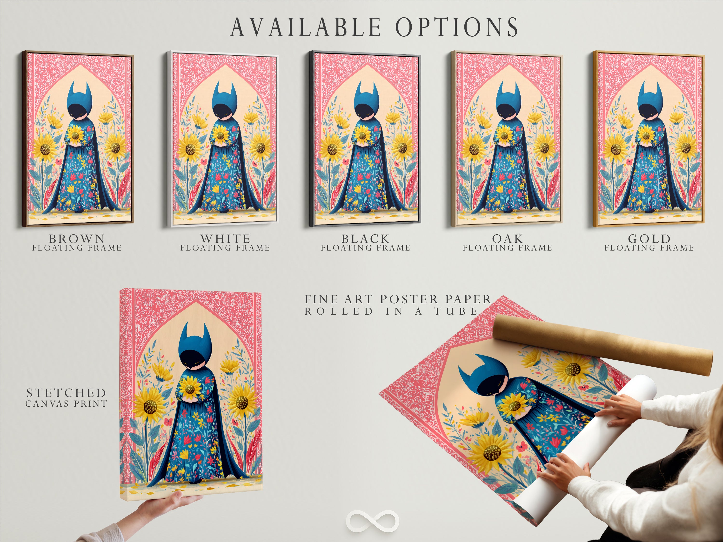 Available options are showcased: a stretched superhero canvas print fine art poster paper and a floating frame. The art features folk art with floral elements. The artwork includes sunflowers and a hero canvas. Choose the perfect format for your unique artwork.