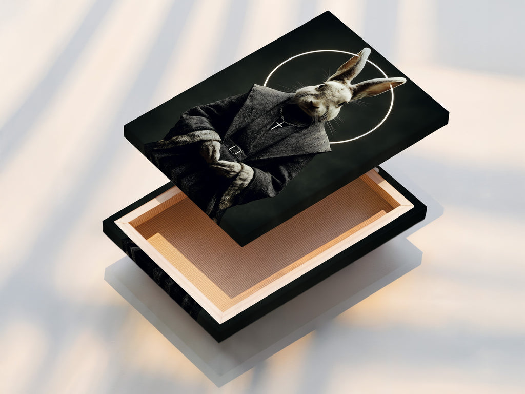 A stretched canvas print features the gothic rabbit monk artwork. The canvas provides a textured artistic feel. This religious art print is ready to hang. It is perfect for adding a dark academia touch to your decor. The animal portrait is a unique focal point.