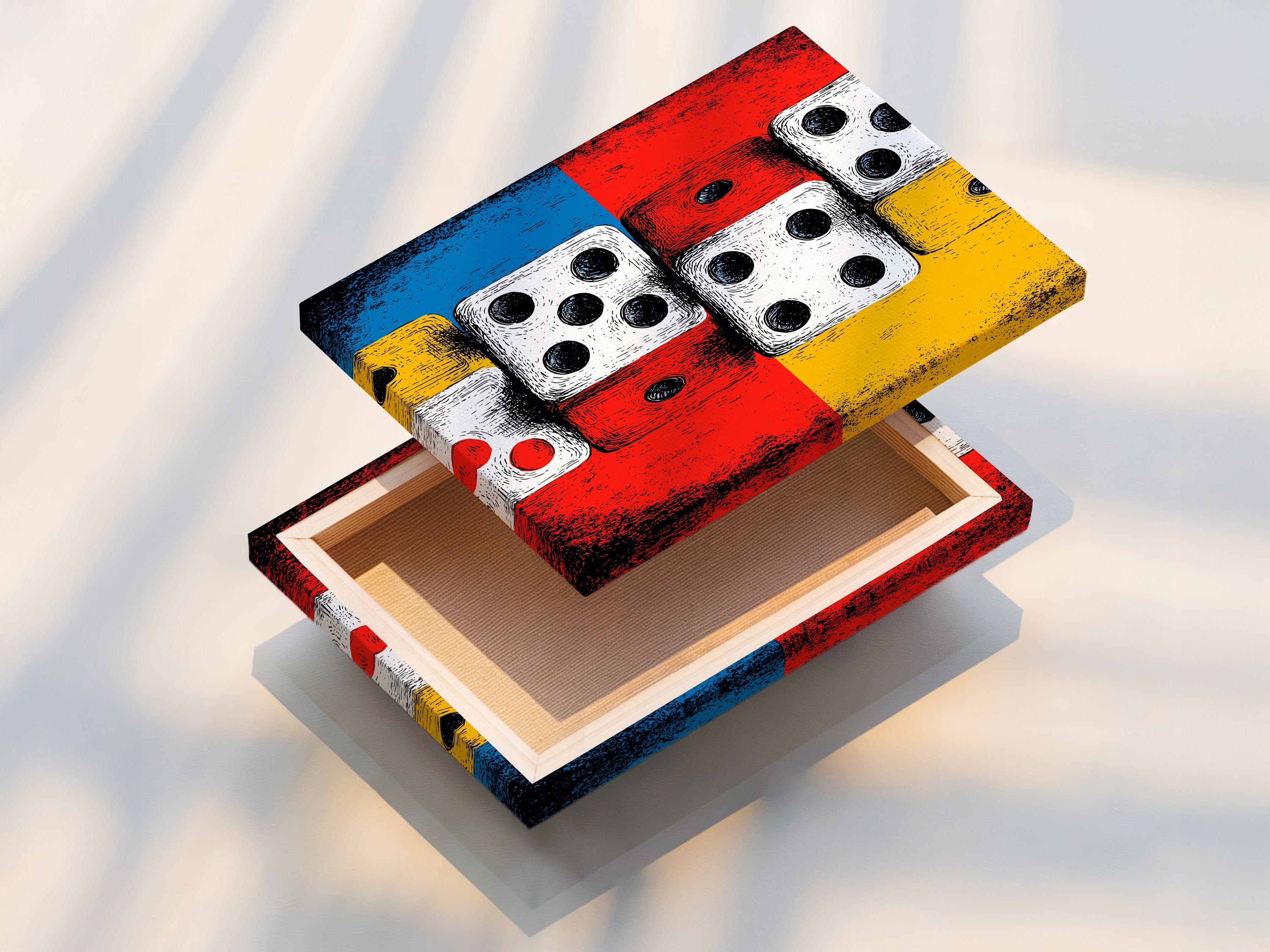 A stretched canvas print of the dice artwork is displayed. This is a ready-to-hang piece perfect for any wall. It's ideal for game rooms man caves and offices. The vintage pop artwork adds a retro touch. The primary colors are red and yellow. Elevate your space with this stretched canvas.