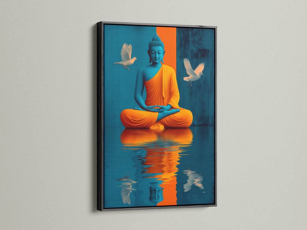 Transform your space with our modern Buddha artwork. This canvas print features a sleek black frame. The teal and gold design adds a touch of sophistication. Perfect for minimalist and contemporary interiors. Create a calming zen atmosphere with this elegant piece.