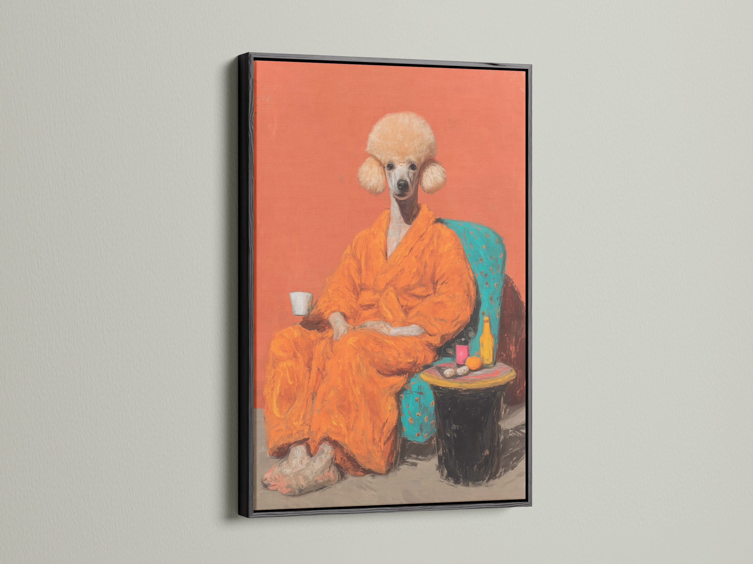 Poodle Portrait Canvas Print in a black frame. This surreal dog art is modern pet art for your walls. This funny animal art is a great pet portrait print. Perfect for eclectic minimalist and quirky styles in your home.