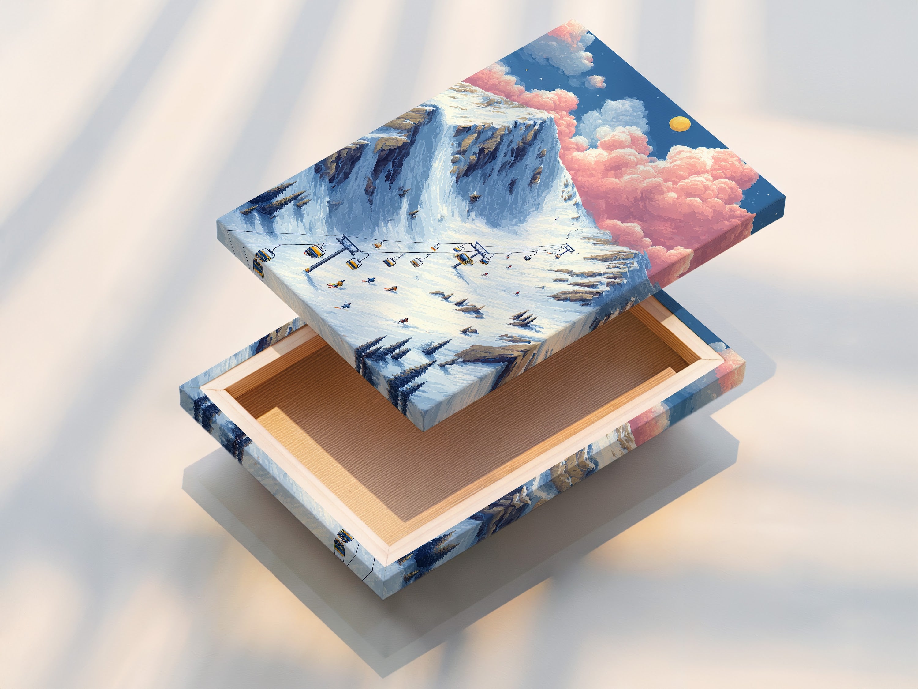 A stretched canvas print showcases the mountain ski slopes artwork. This winter alps landscape poster is ready to hang. The ski resort art adds a touch of winter to any room. Perfect alpine canvas for living rooms and bedrooms. Enjoy this ski lift art.