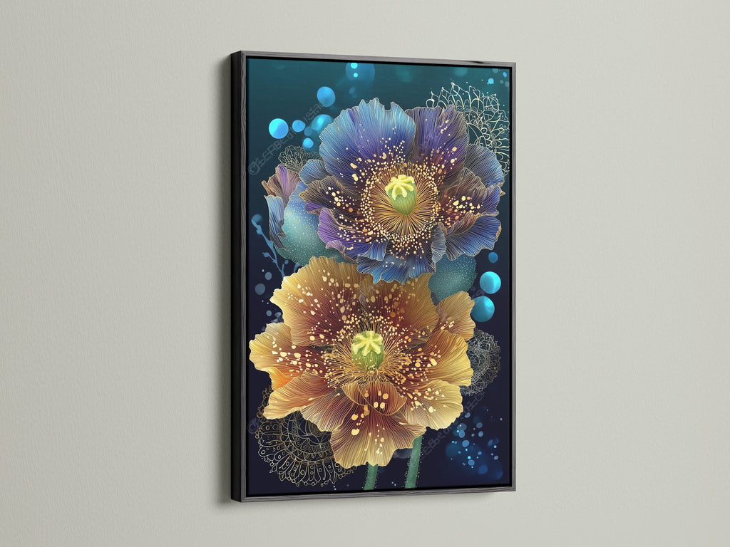 Floral canvas print featuring teal and gold botanical artwork. The print is displayed in a black frame. This modern flower artwork is perfect for a bedroom. Add gold decor to your space now!