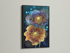 Floral canvas print featuring teal and gold botanical artwork. The print is displayed in a black frame. This modern flower artwork is perfect for a bedroom. Add gold decor to your space now!