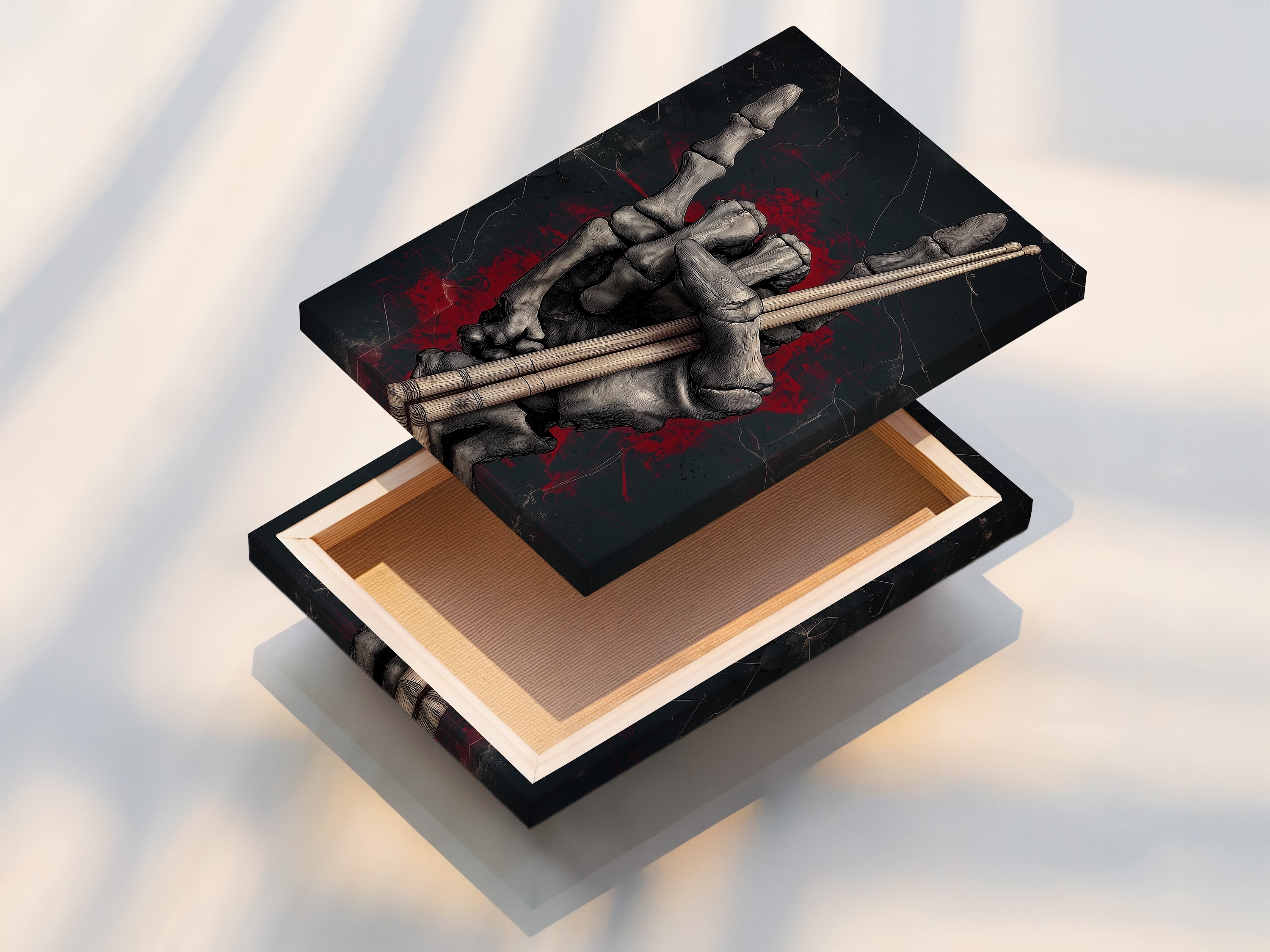 Stretched canvas print of the Skeleton Hand Drumsticks artwork. This gothic music wall art is ready to hang. Perfect for adding a touch of rock culture to your home. This dark academia canvas print is ideal for music rooms and studios. It transforms any space.