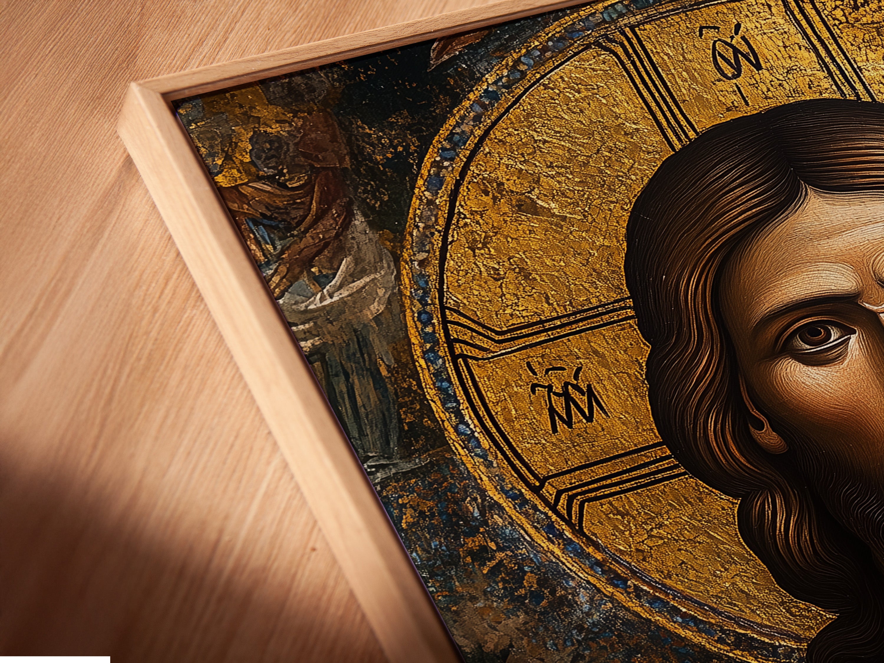 A close-up of canvas art in a floating frame. The frame creates a unique shadow effect. This enhances the artwork's depth. Discover the beauty of our floating frames. They create a modern and sophisticated look for your art.