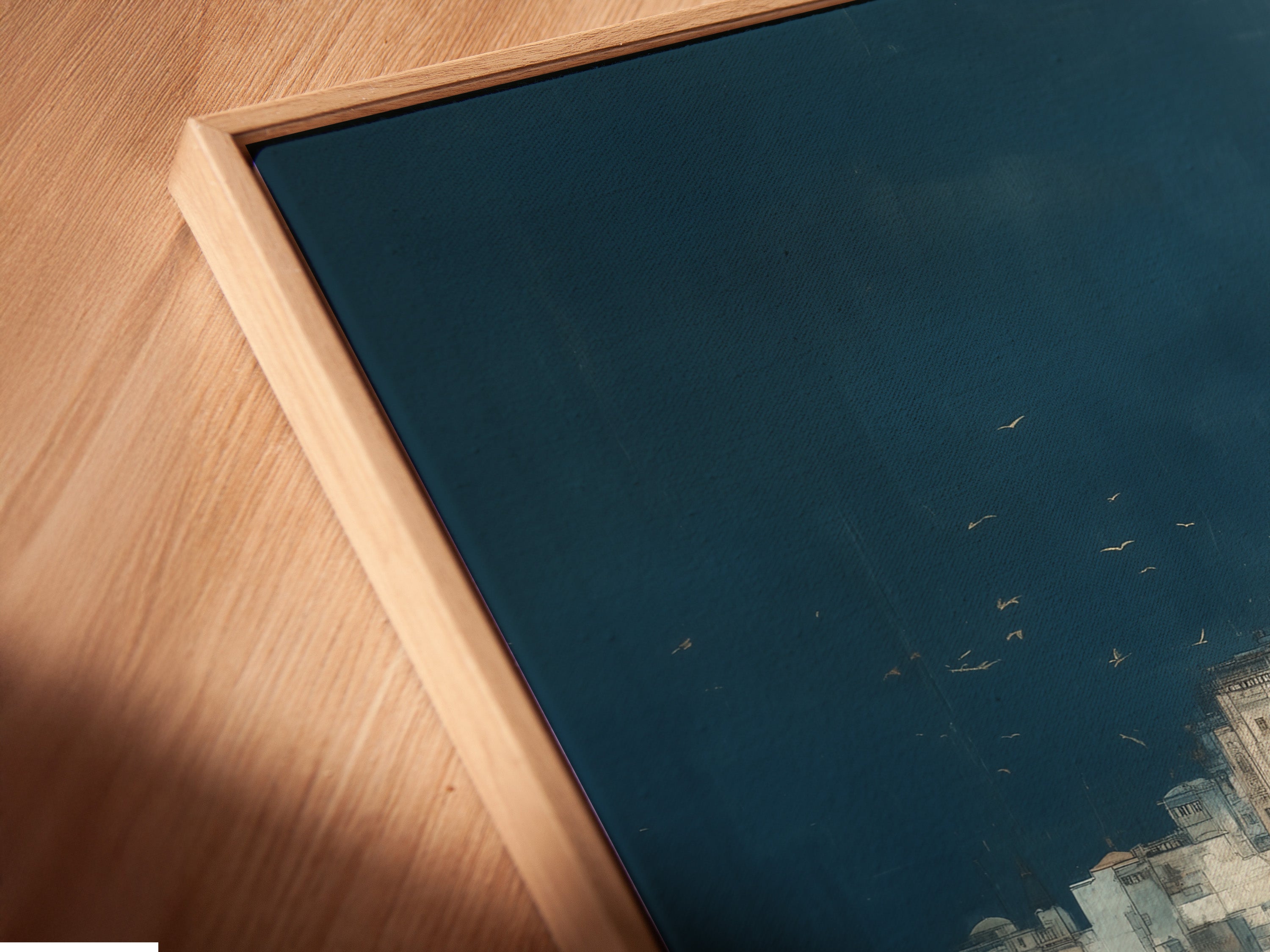 A close-up of a canvas print in a floating frame. The Istanbul Cityscape is beautifully displayed. The floating frame gives a modern gallery look. The artwork enhances any room's ambiance. A statement piece of Turkish wall art.