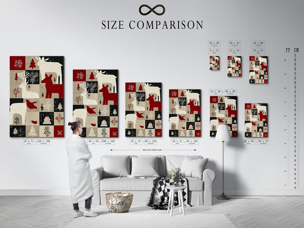 A size comparison chart is displayed in an interior setting. The chart helps visualize how different print sizes will look in a room. This tool assists in selecting the perfect size for your space. Plan your artwork display effectively.