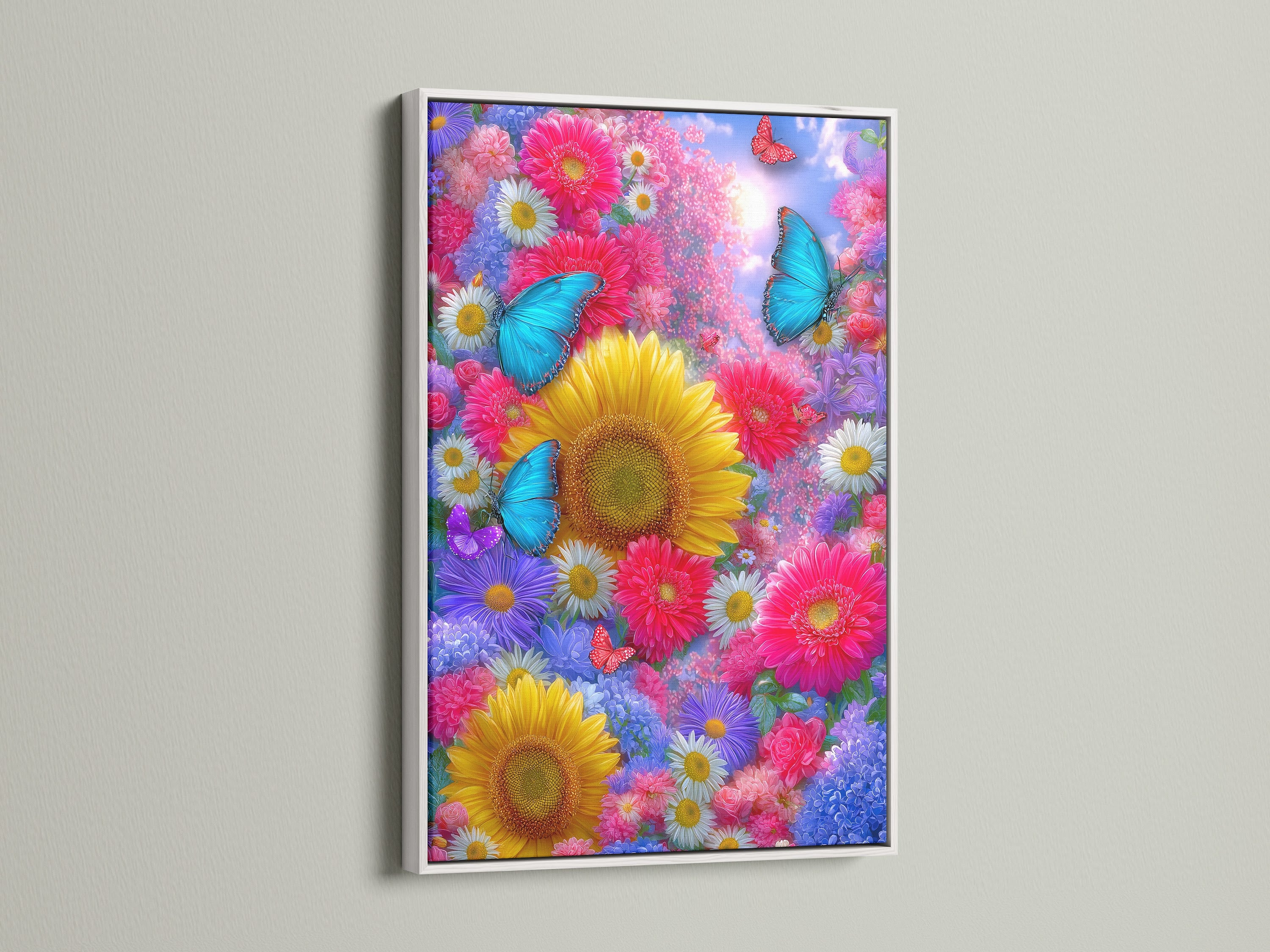 Butterfly flower garden artwork displayed in a white frame. The artwork features vibrant sunflowers and colorful butterflies. The white frame offers a clean contrast. Ideal for brightening up any space. This botanical wall decor piece is perfect for bedroom wall decor.