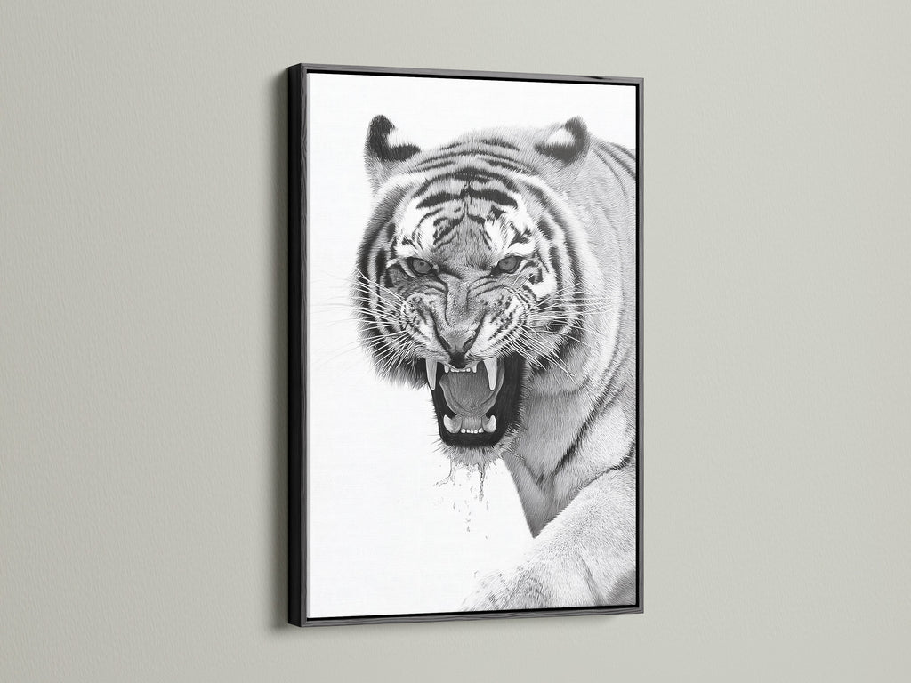 This is a bold tiger artwork set in a sleek black frame. The black frame adds a touch of drama to the artwork. The art piece is perfect for a modern or minimalist space. It brings sophistication and style to any room. The black frame enhances the artwork.