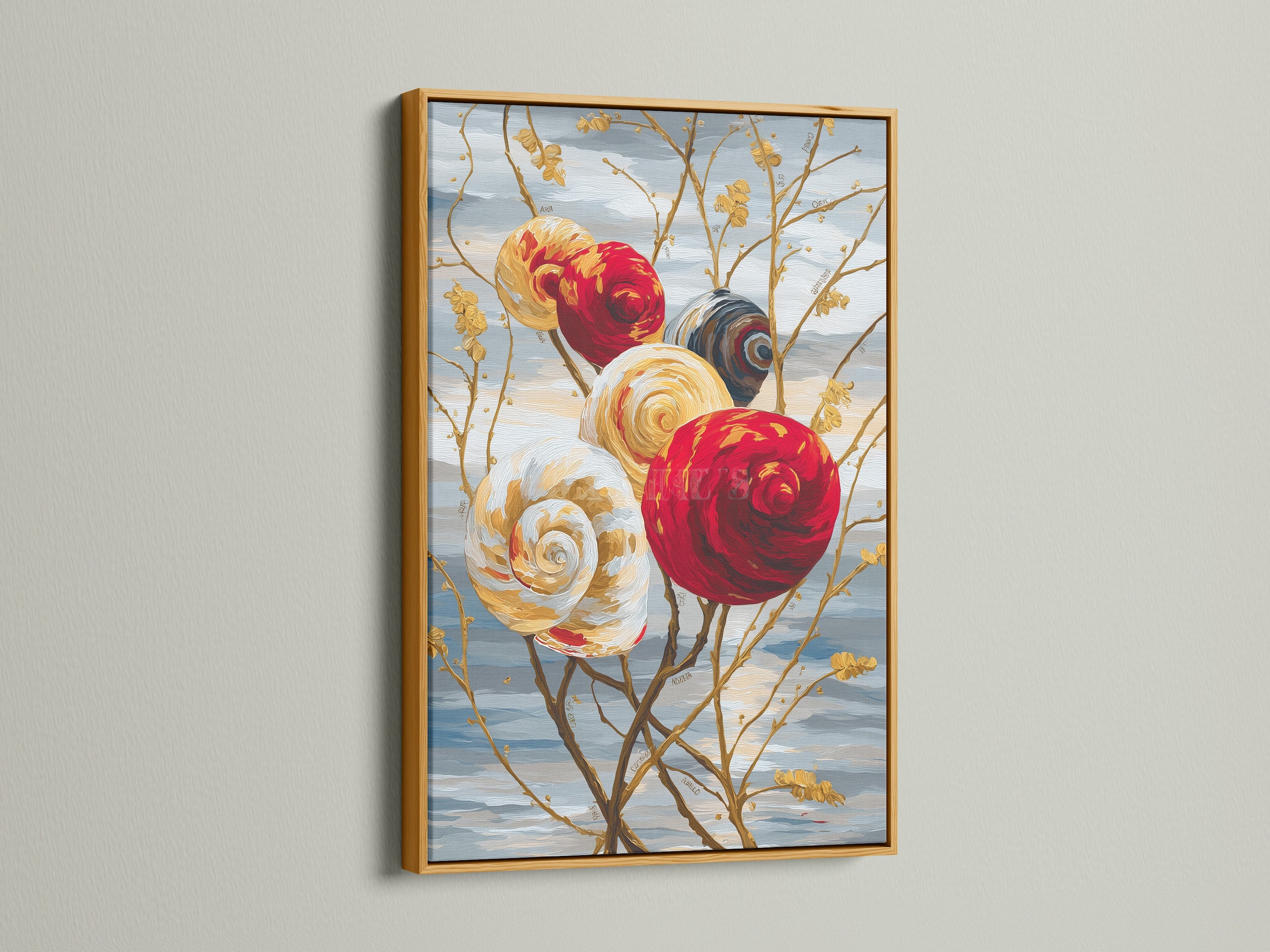 The spiral flower artwork is displayed in a gold frame. The metallic frame adds a touch of luxury to the abstract wall art. This botanical artwork makes a statement. Elevate your home decor.