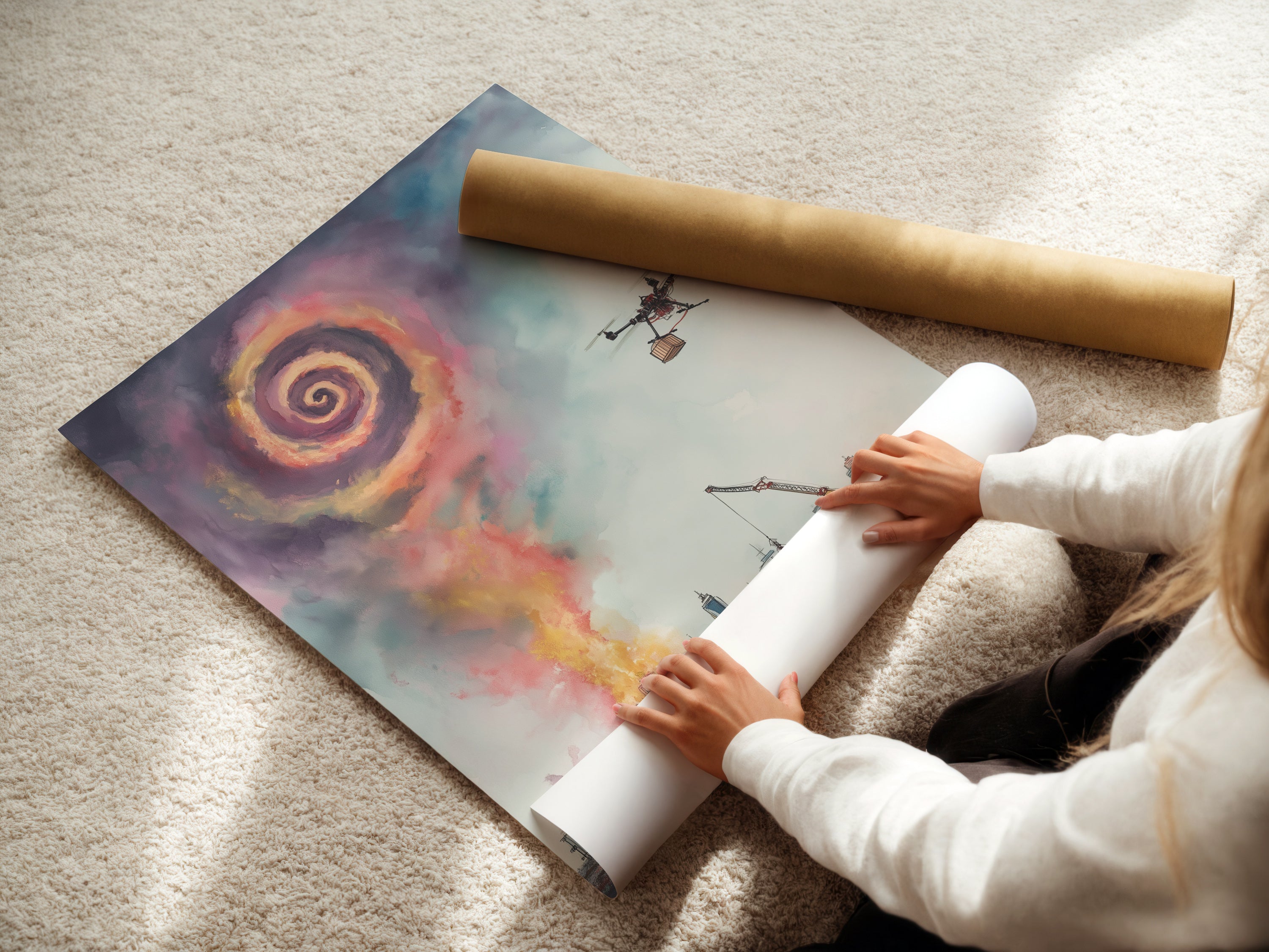 A woman is carefully rolling a fine art poster paper. This highlights the delicate handling of the surreal cityscape artwork. The poster features a drone delivering goods above a modern skyline. Ideal for those seeking high-quality contemporary prints and unique wall art.