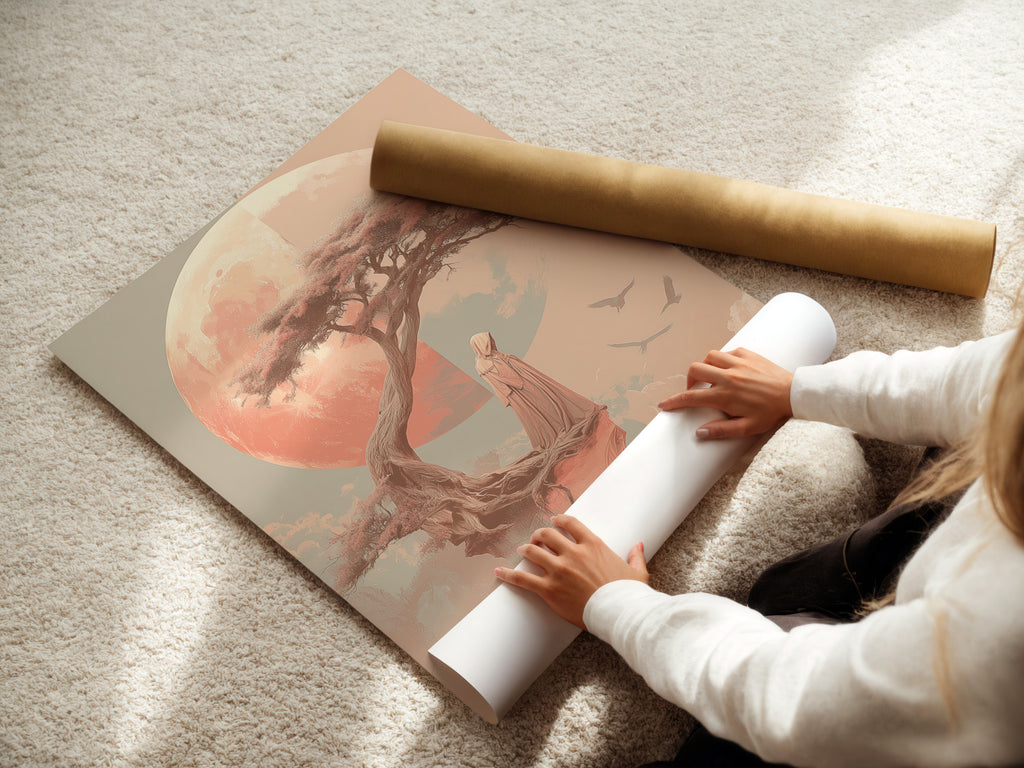 A woman is carefully rolling a fine art poster paper print. The Zen Tree art is perfect for peaceful wall art. This coral pink print is ideal for meditation decor. Enhance your space with serene artwork.