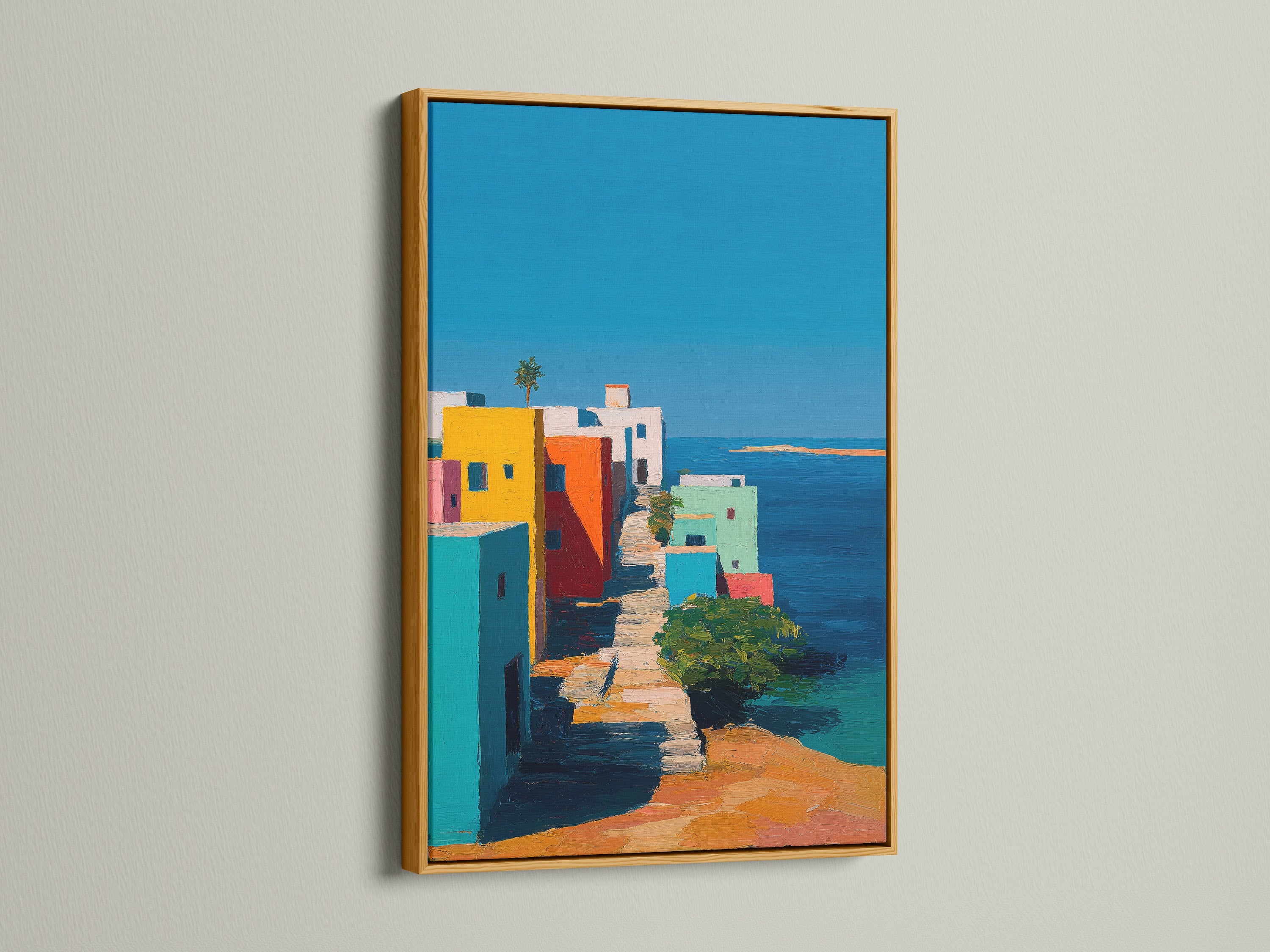 This displays a gold frame encasing a beautiful art print. The frame adds a touch of luxury to the artwork. The print showcases a vibrant seaside vista. It brings warmth and sophistication to any room. The gold frame elevates the piece.