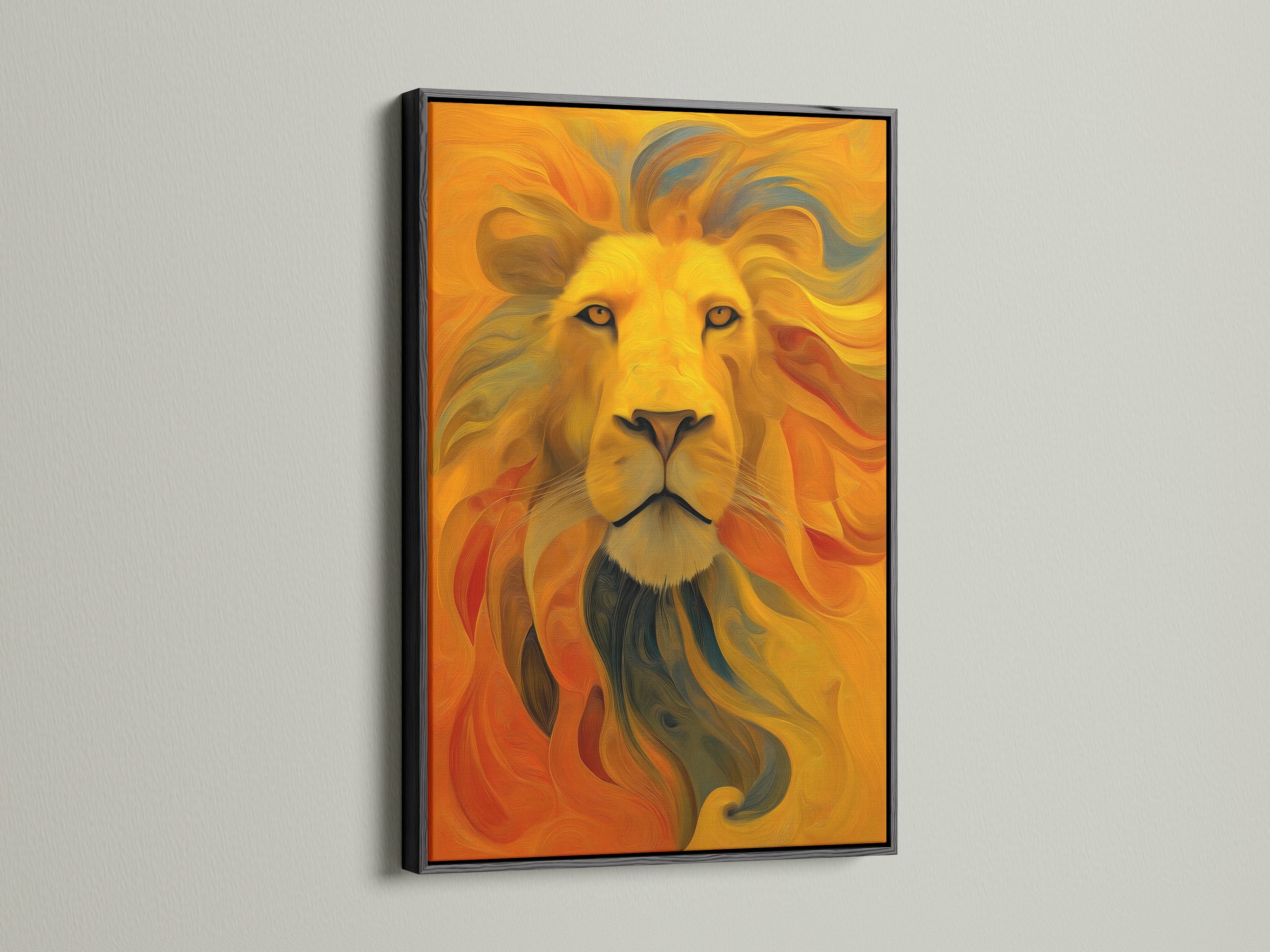 Eye-level shot of a lion artwork in a black frame. The black frame adds a touch of sophistication. It creates a bold contrast with the artwork's colors. Transform your walls with framed animal artwork. The black frame offers a timeless and elegant look.