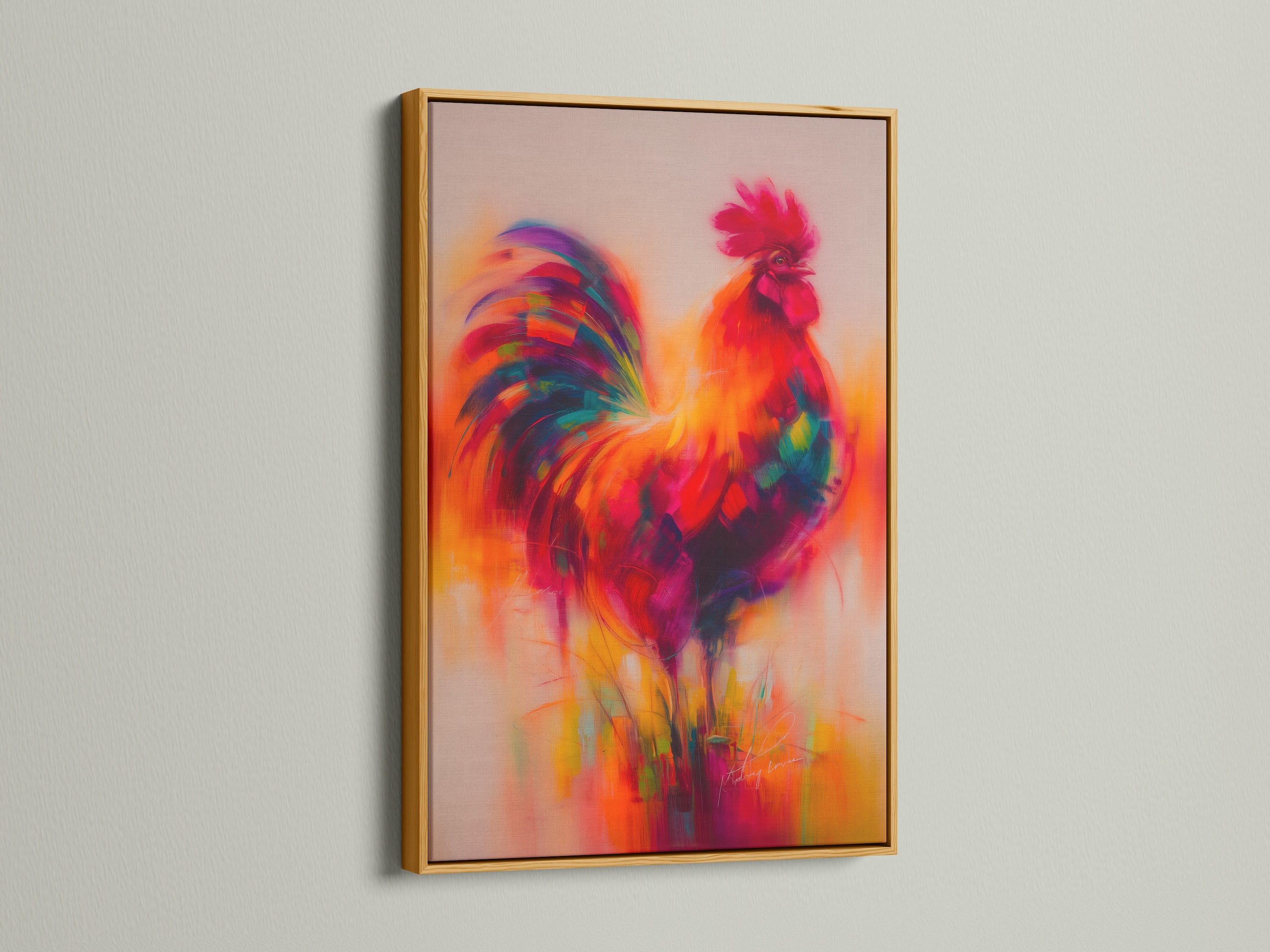 A colorful rooster artwork is elegantly displayed in a gold frame. The gold frame adds a touch of luxury and warmth. The vibrant animal art is perfect for country wall decor. It enhances dining rooms and cafes. Add a touch of elegance to your space with this framed art.
