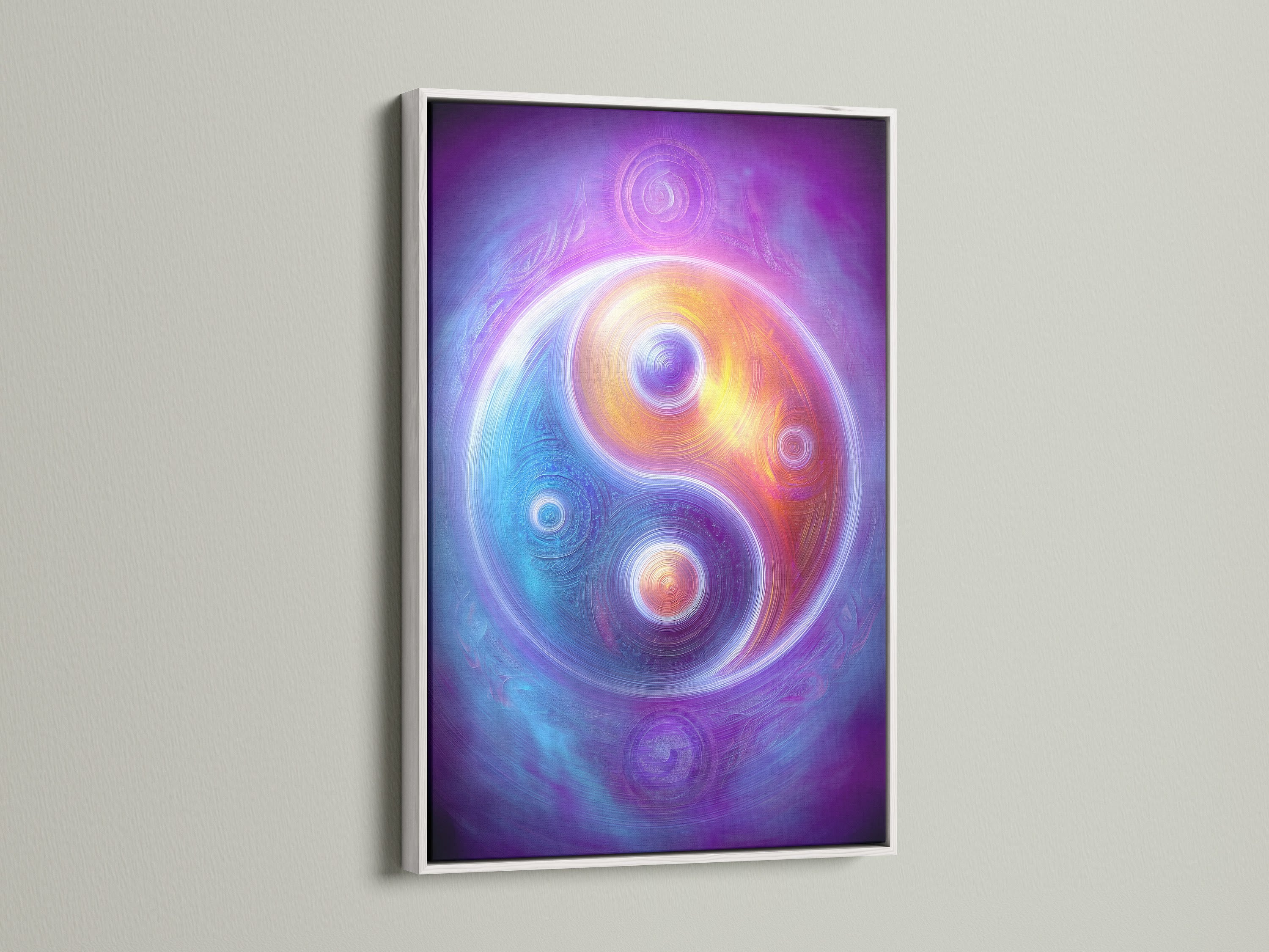 A Yin Yang canvas artwork is displayed with a white frame. This spiritual decor piece brings balance. The purple rainbow galaxy print is perfect for yoga studios. Chakra artwork enhances any room.