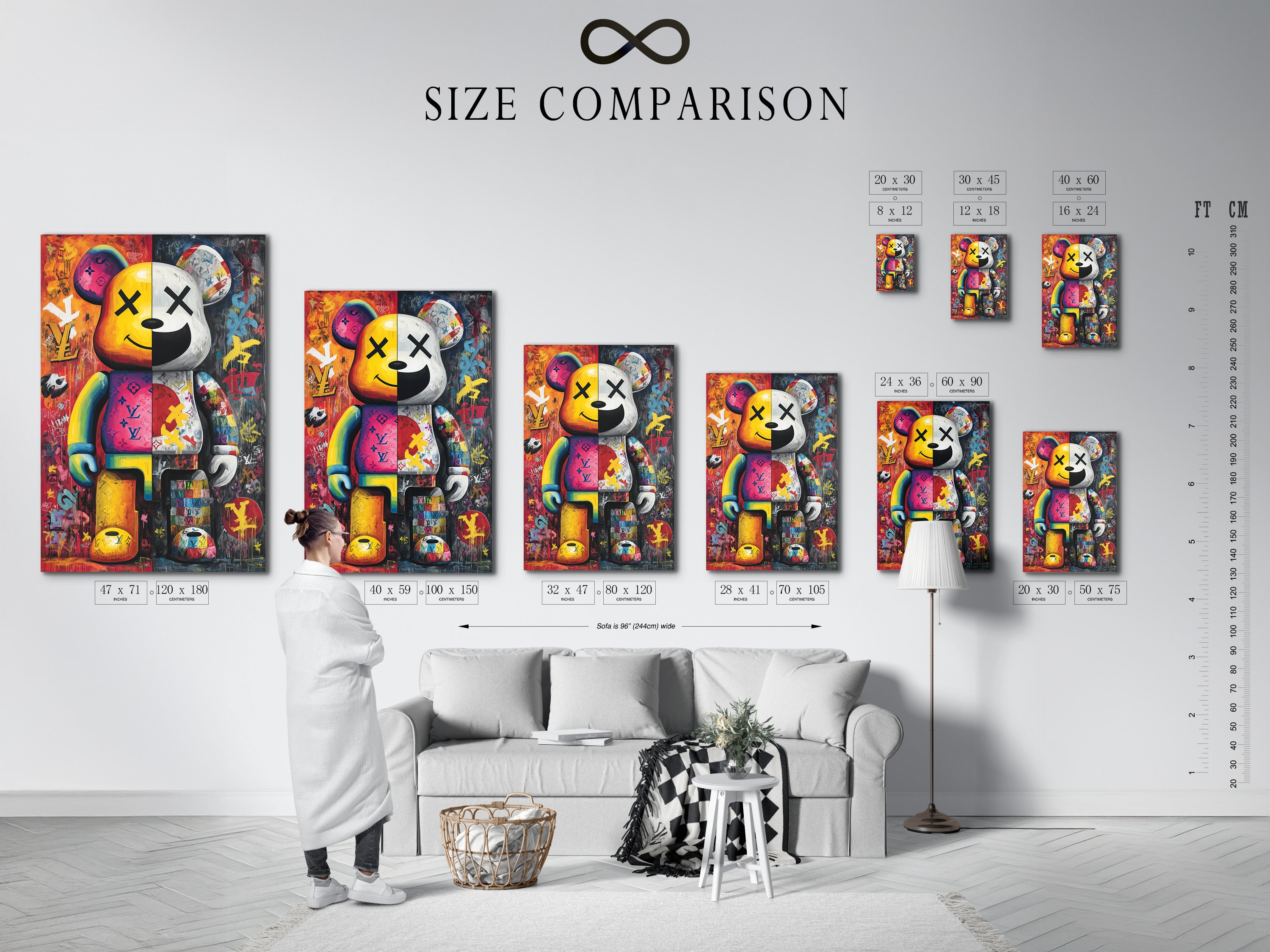 A size comparison chart in an interior setting. It showcases various sizes of the Kaws Companion artwork. This helps visualize the art in different spaces. Perfect for choosing the right modern wall decor.
